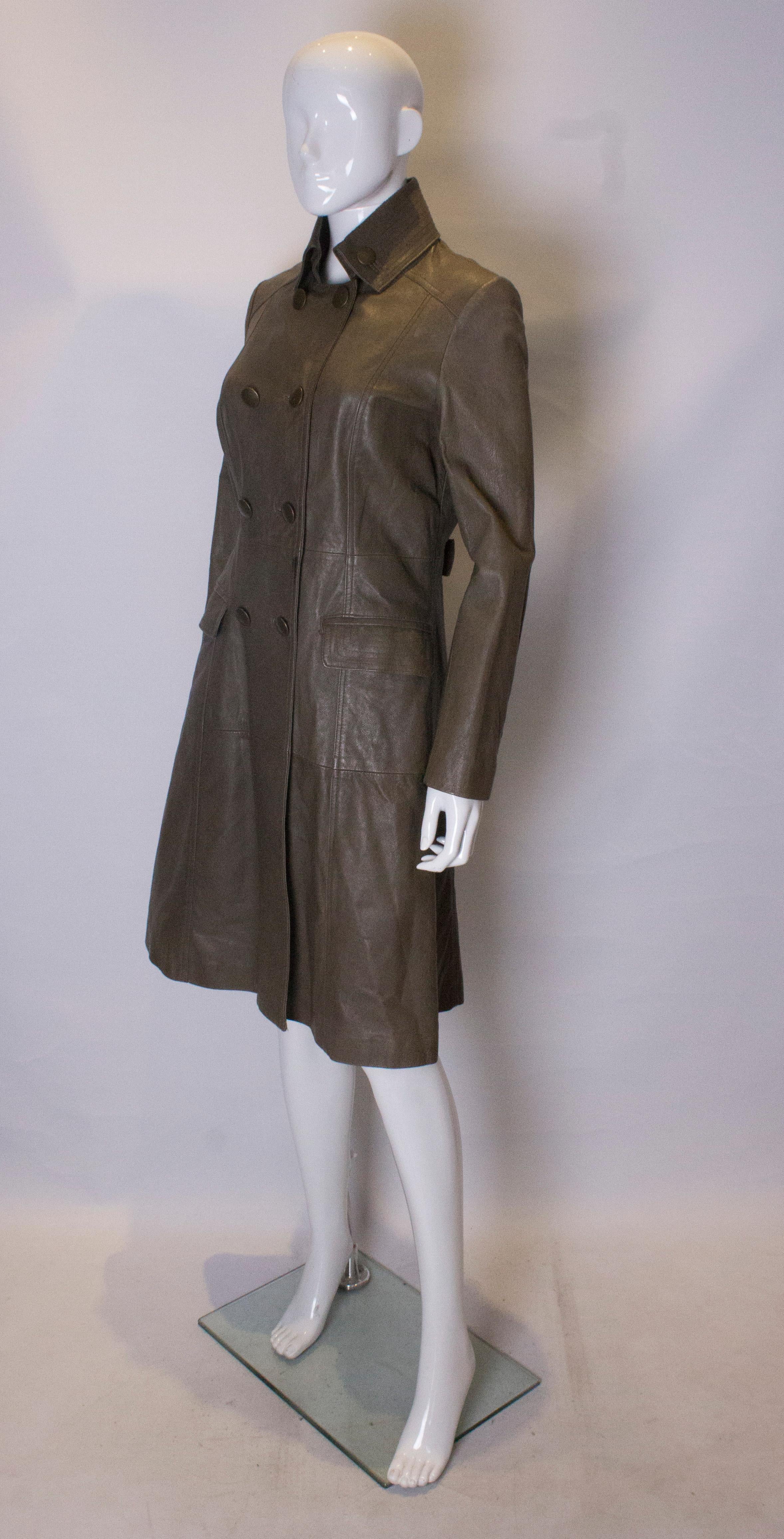 Black Vintage Olive Leather Coat For Sale