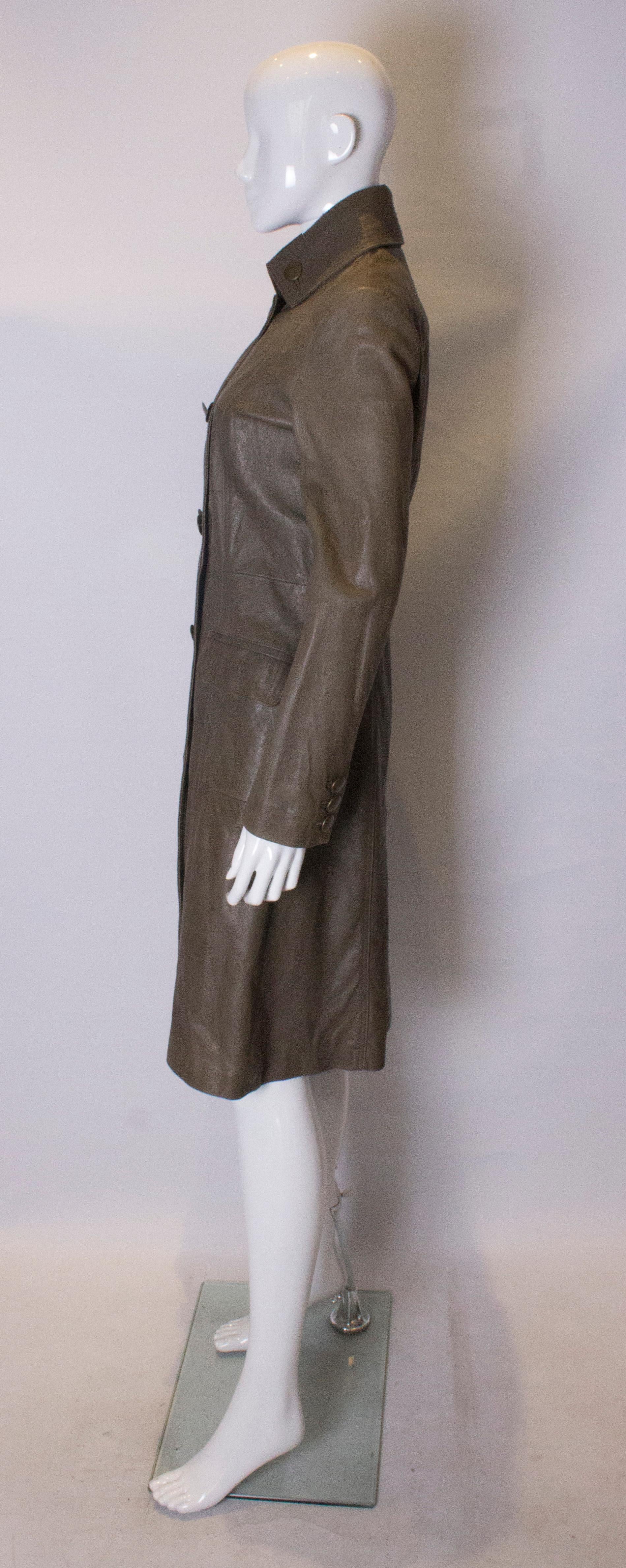 Women's Vintage Olive Leather Coat For Sale