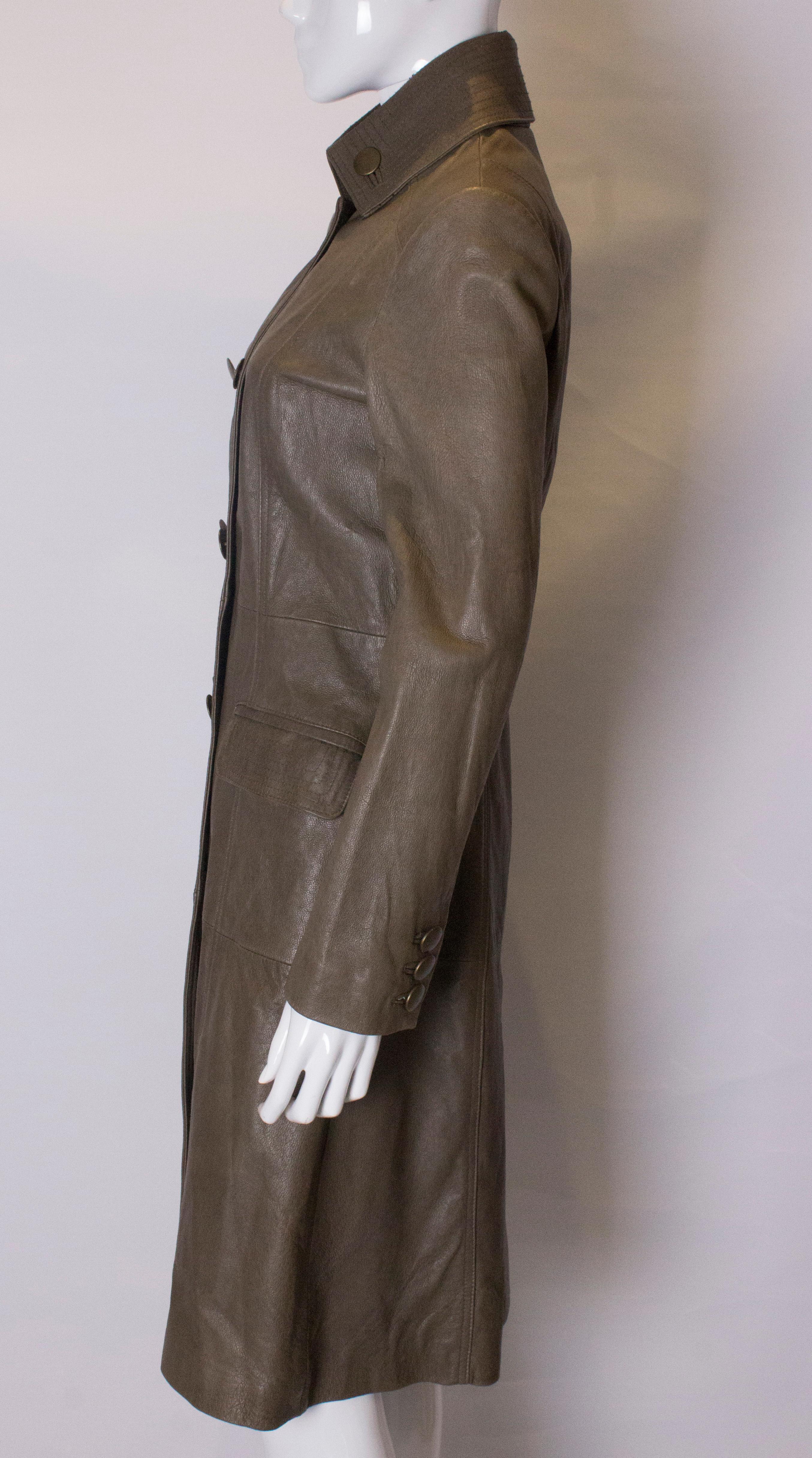 Vintage Olive Leather Coat For Sale 1