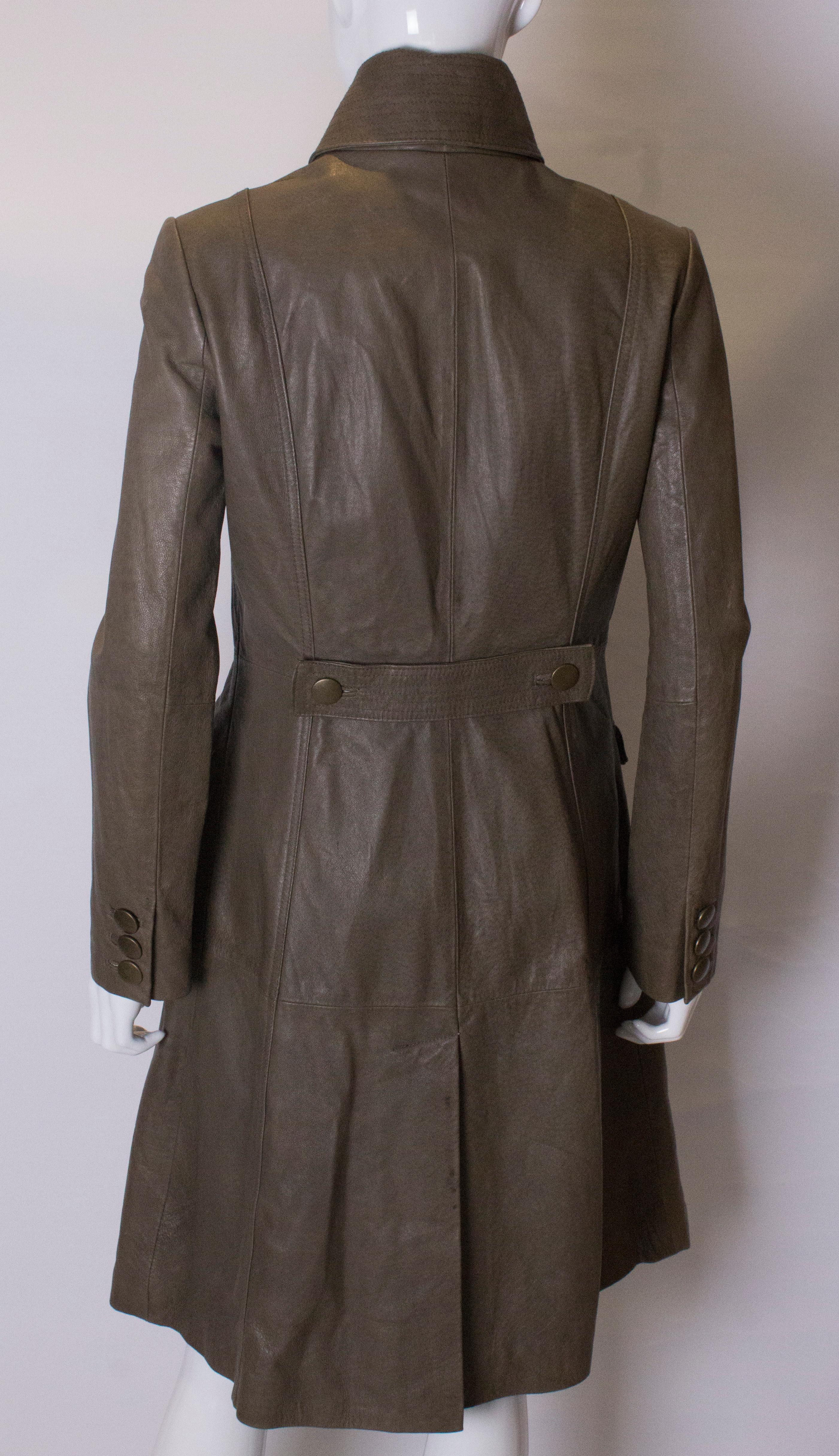 Vintage Olive Leather Coat For Sale 3