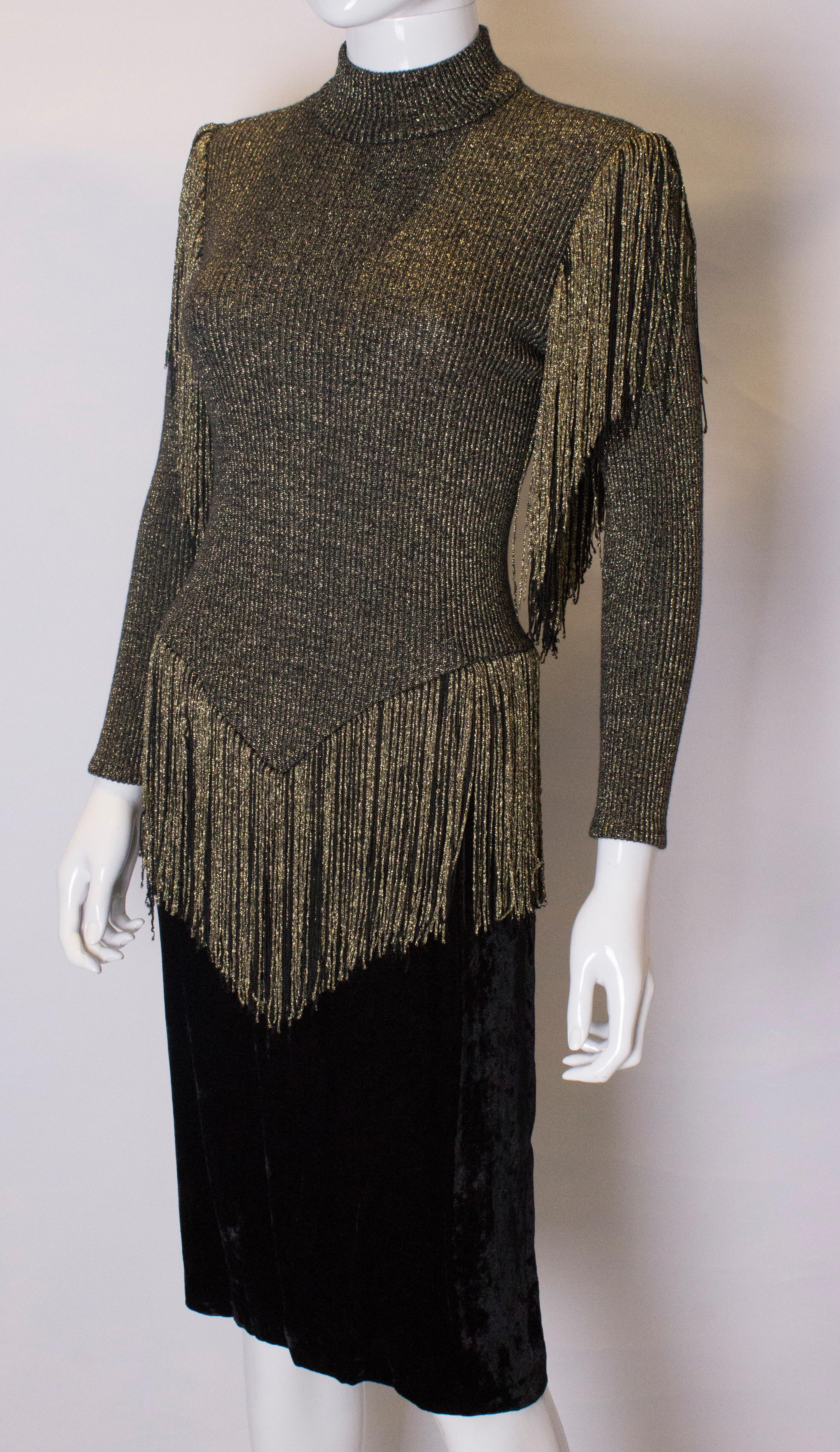 Women's Vintage Gold and Black Party Dress with Fringing