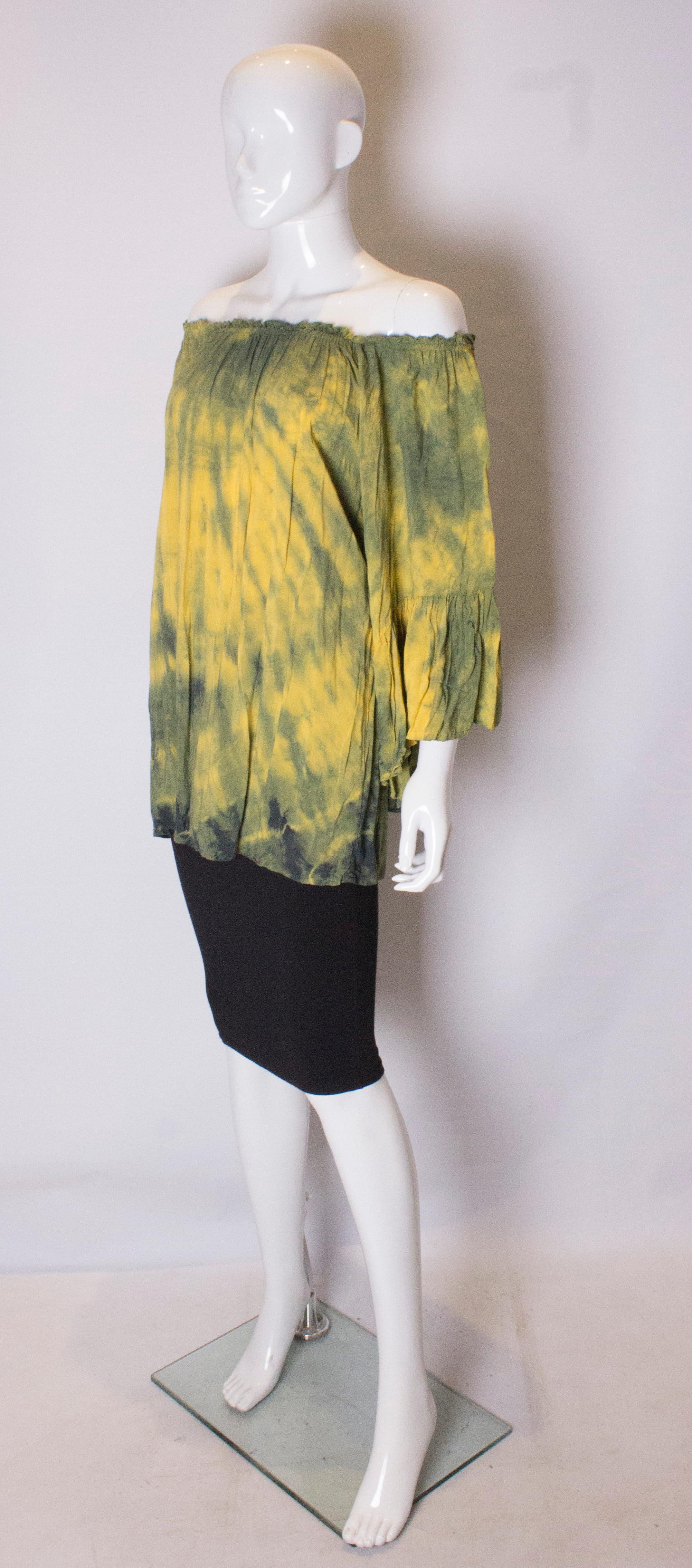 Brown Vintage Boho Tie dye yellow and green top