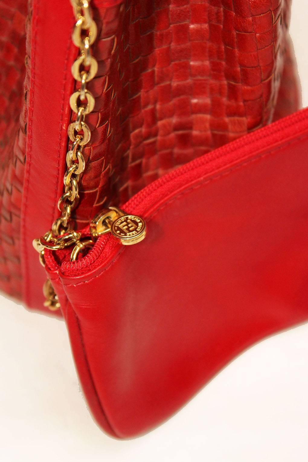 red woven leather bag