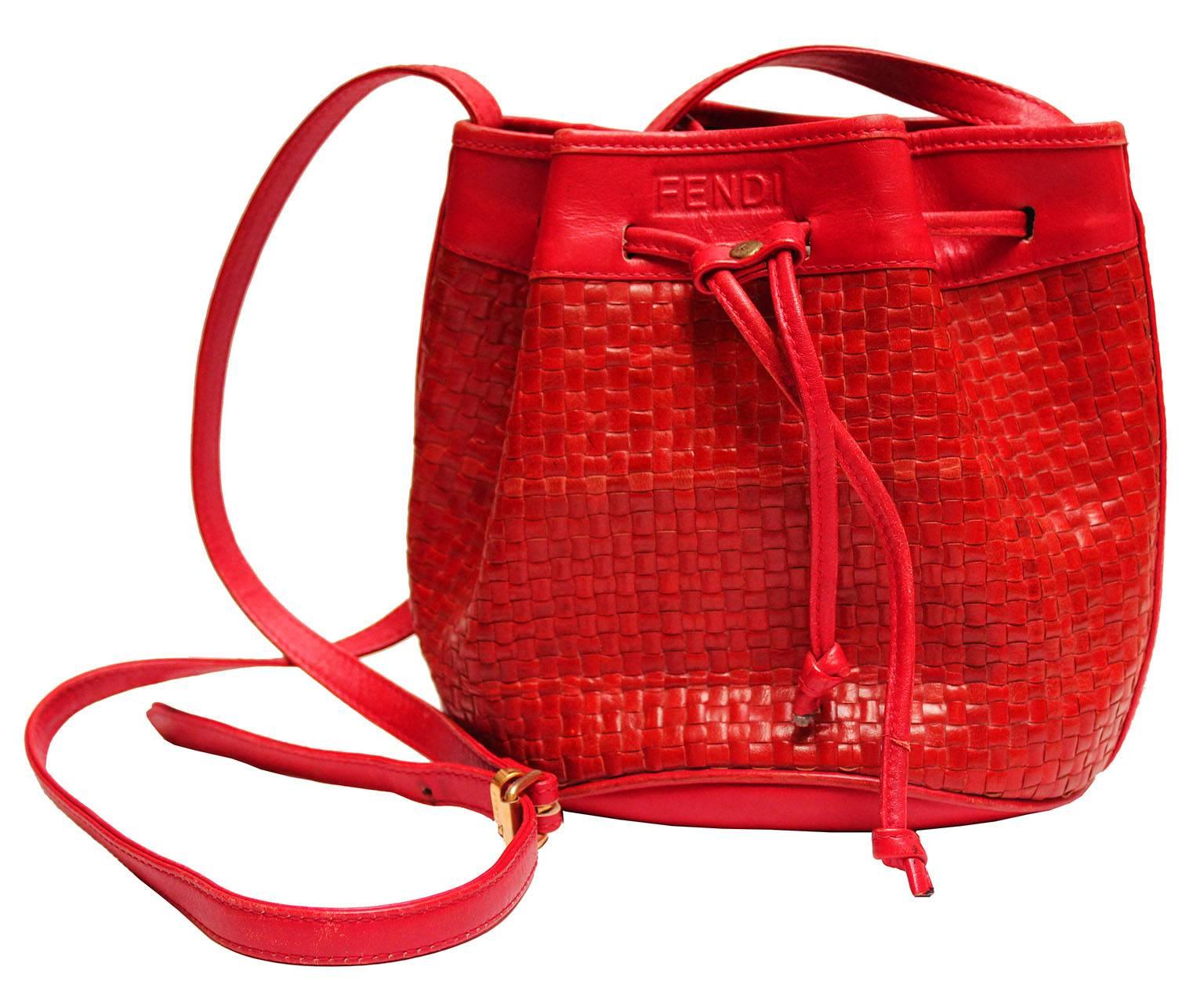 Women's 1970s Fendi Red Woven Leather Bucket Bag