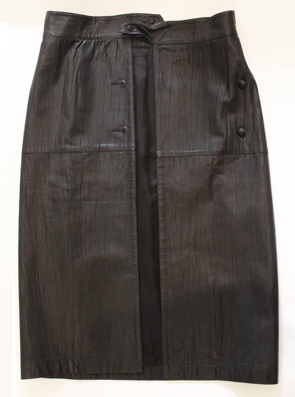 1980s Issey Miyake Black Textured Leather Midi Wrap Over Skirt 4