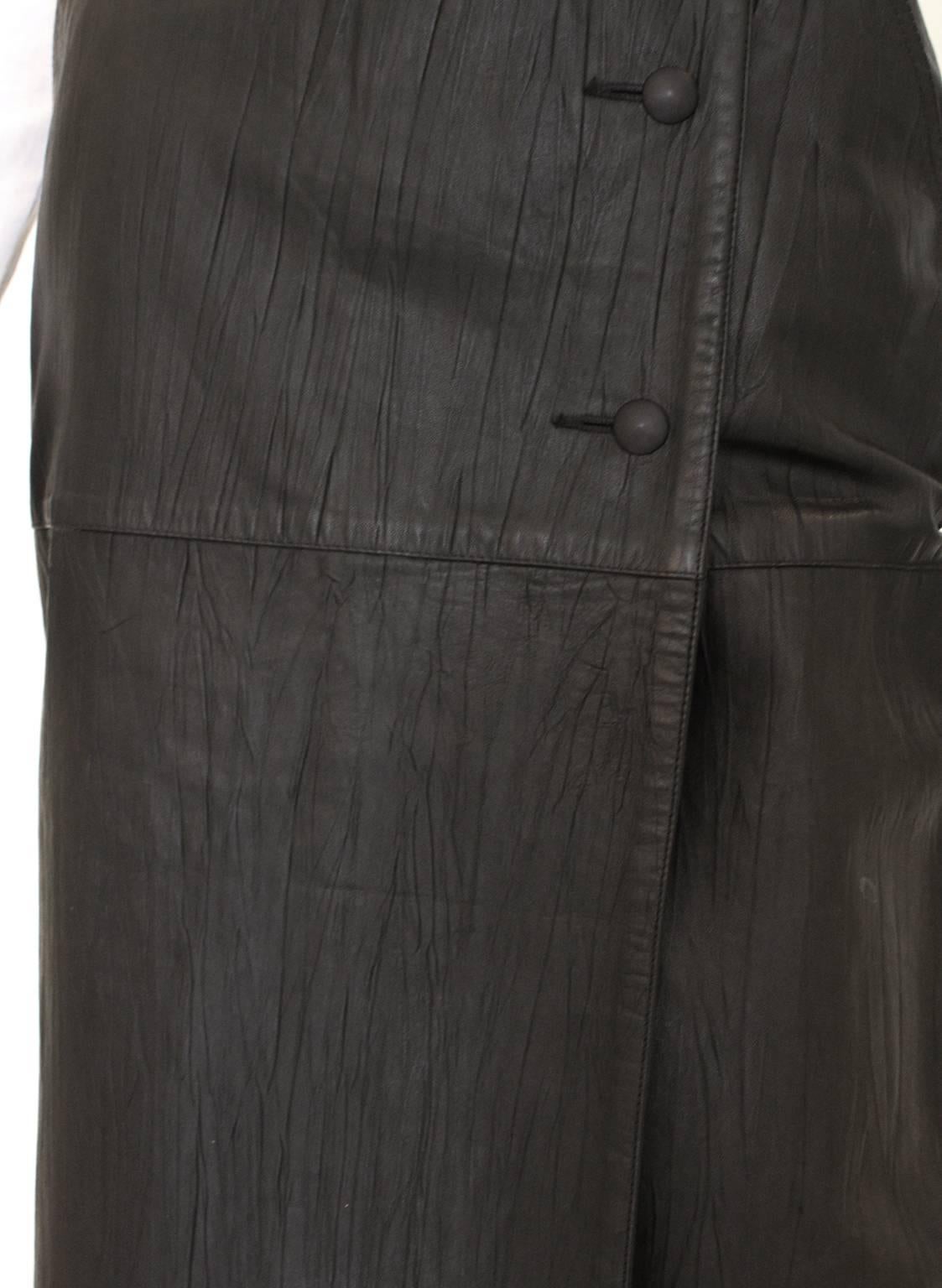 1980s Issey Miyake Black Textured Leather Midi Wrap Over Skirt 1