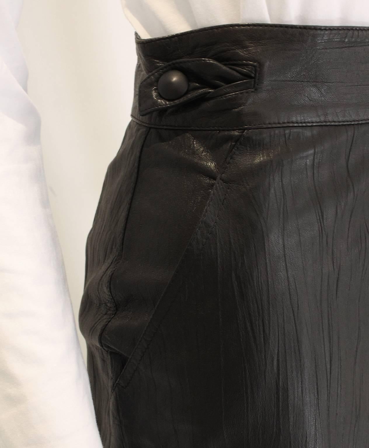 1980s Issey Miyake Black Textured Leather Midi Wrap Over Skirt 2