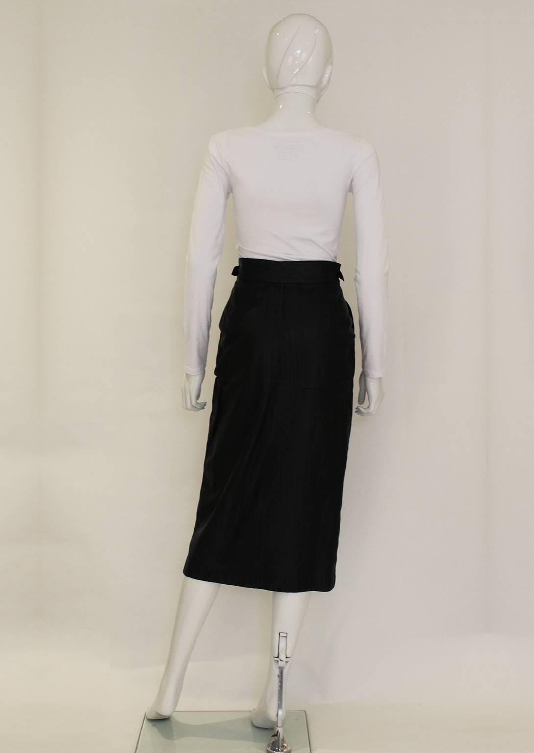 Women's 1980s Issey Miyake Black Textured Leather Midi Wrap Over Skirt