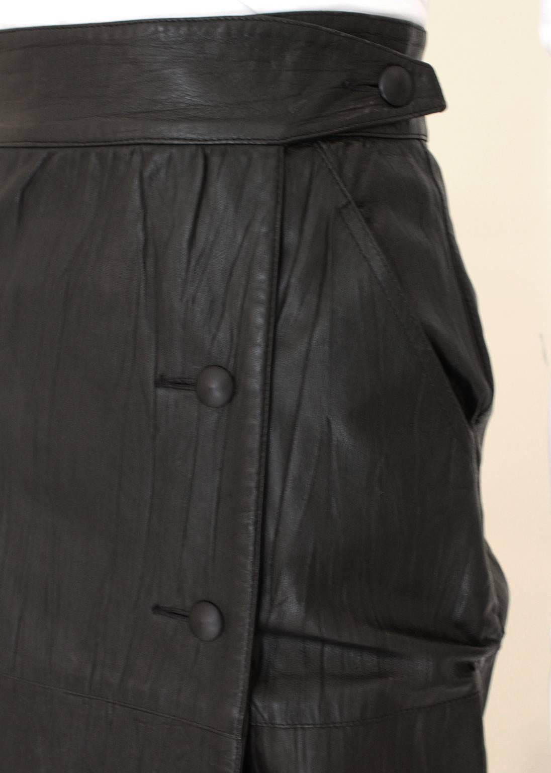 1980s Issey Miyake Black Textured Leather Midi Wrap Over Skirt 3