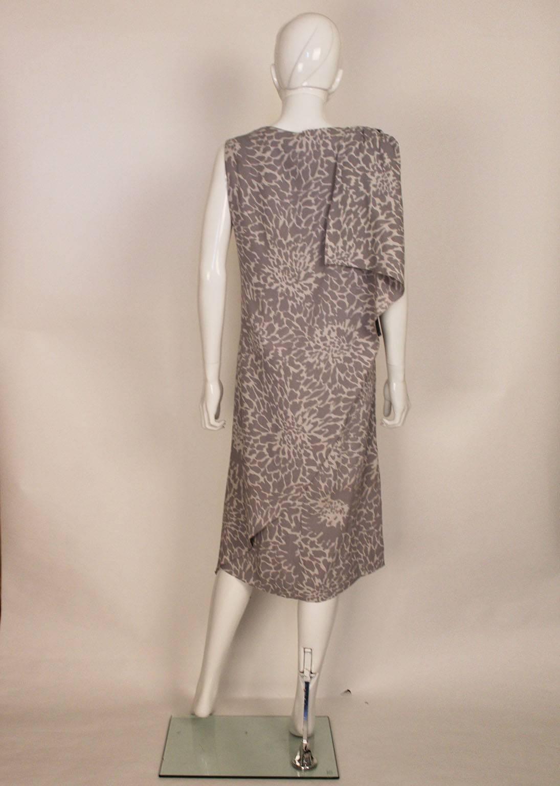 1980s Pierre Balmain Grey and White  Floral Print Draped Dress 1