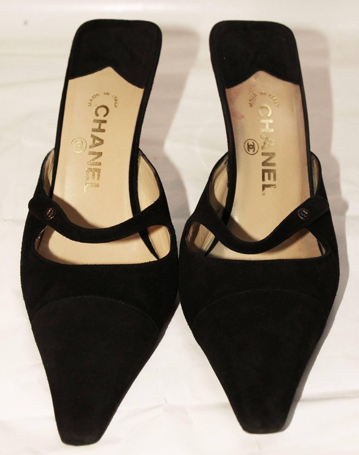 1990s Chanel Black Suede Mules at 1stDibs