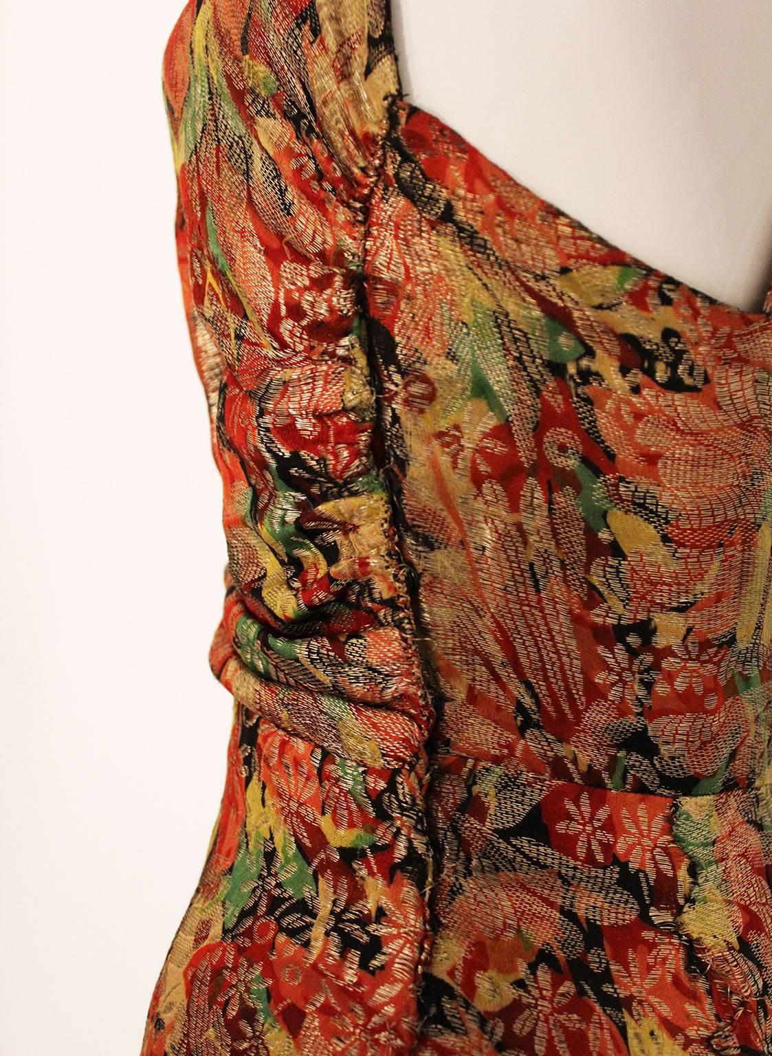 1930s Colourful Silk and Floral Lame Gown 4