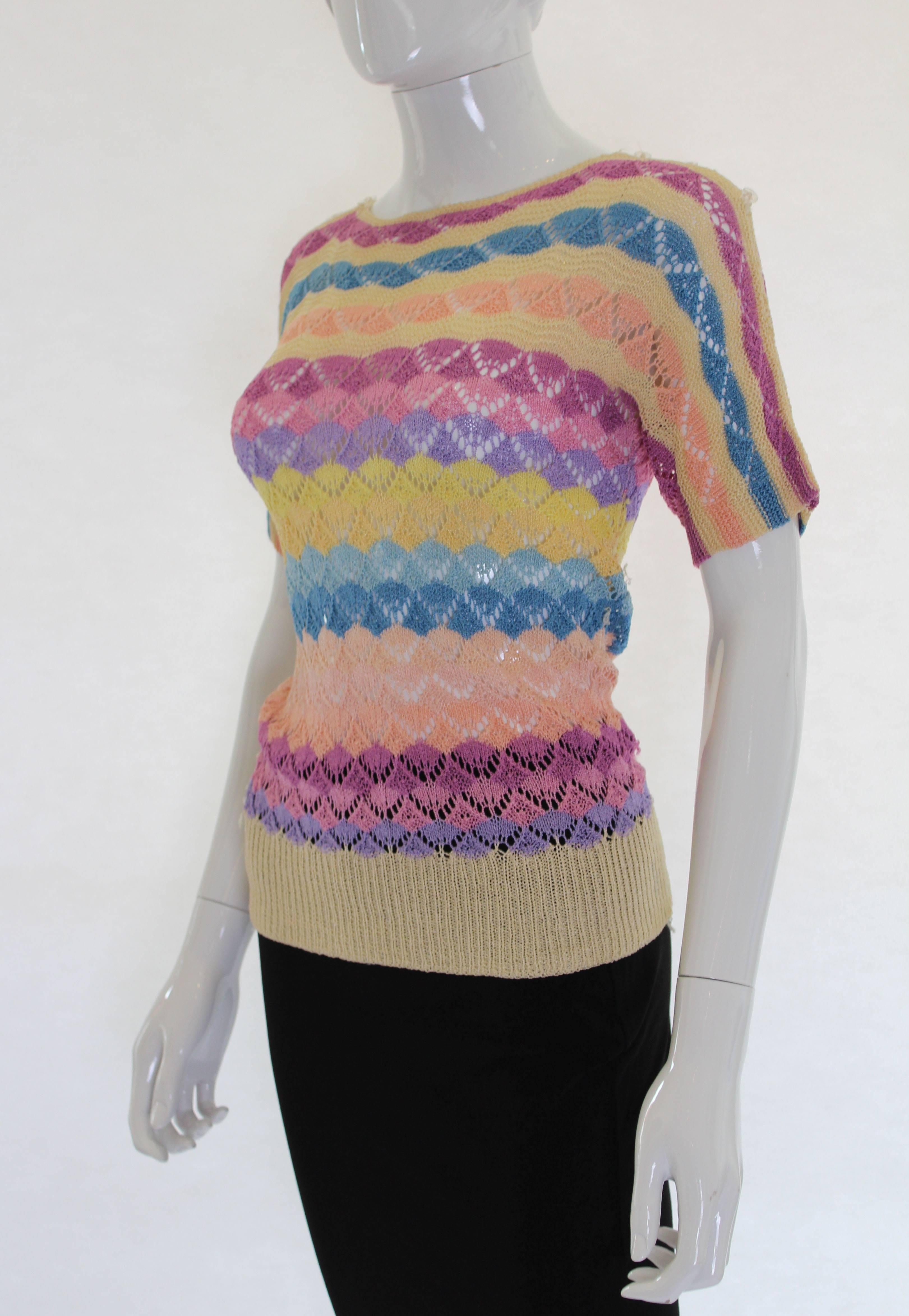 A super jumper for Summer, this 1920s crochet jumper is in a wonderful range of soft summer colours. It has a button opening on both shoulders with 3 buttons, and short sleeves. It is a size 10/12.
Bust 38'', length 26'', sleeve length 7'