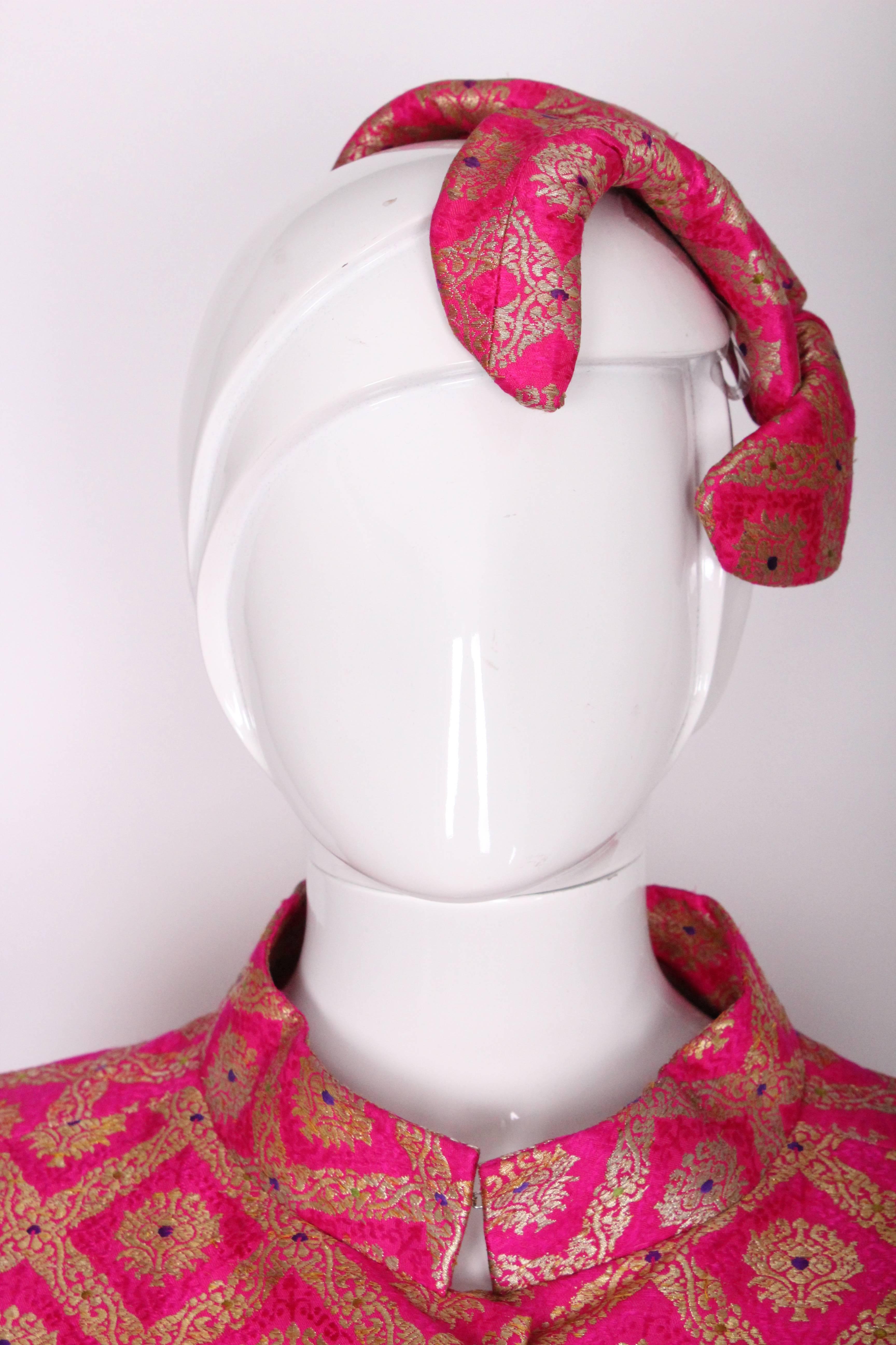 1960s Indian Silk Patterned Pink and Gold Coat & Headpiece 3