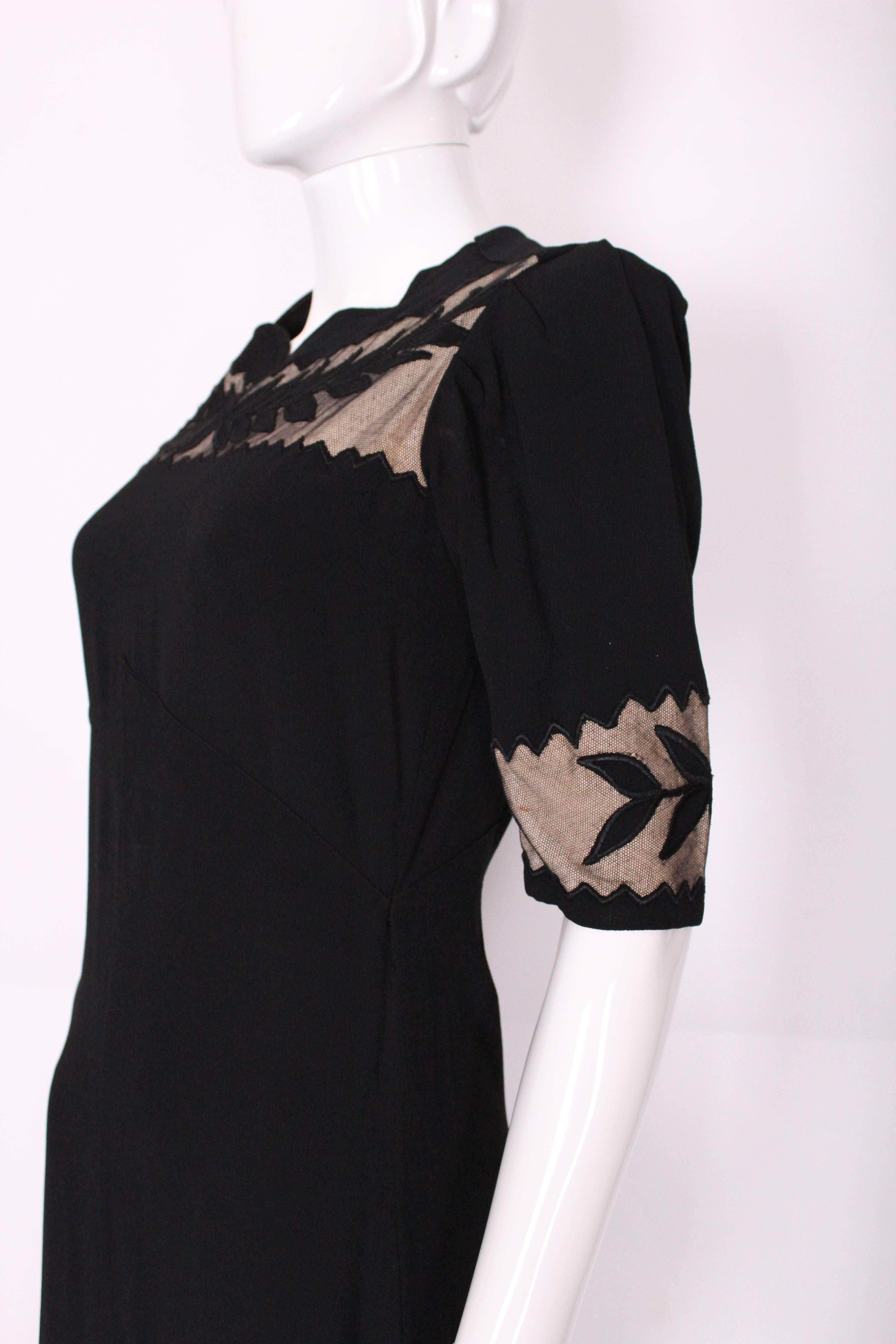 1940s Black Crepe Leaf Detail Applique Dress 3