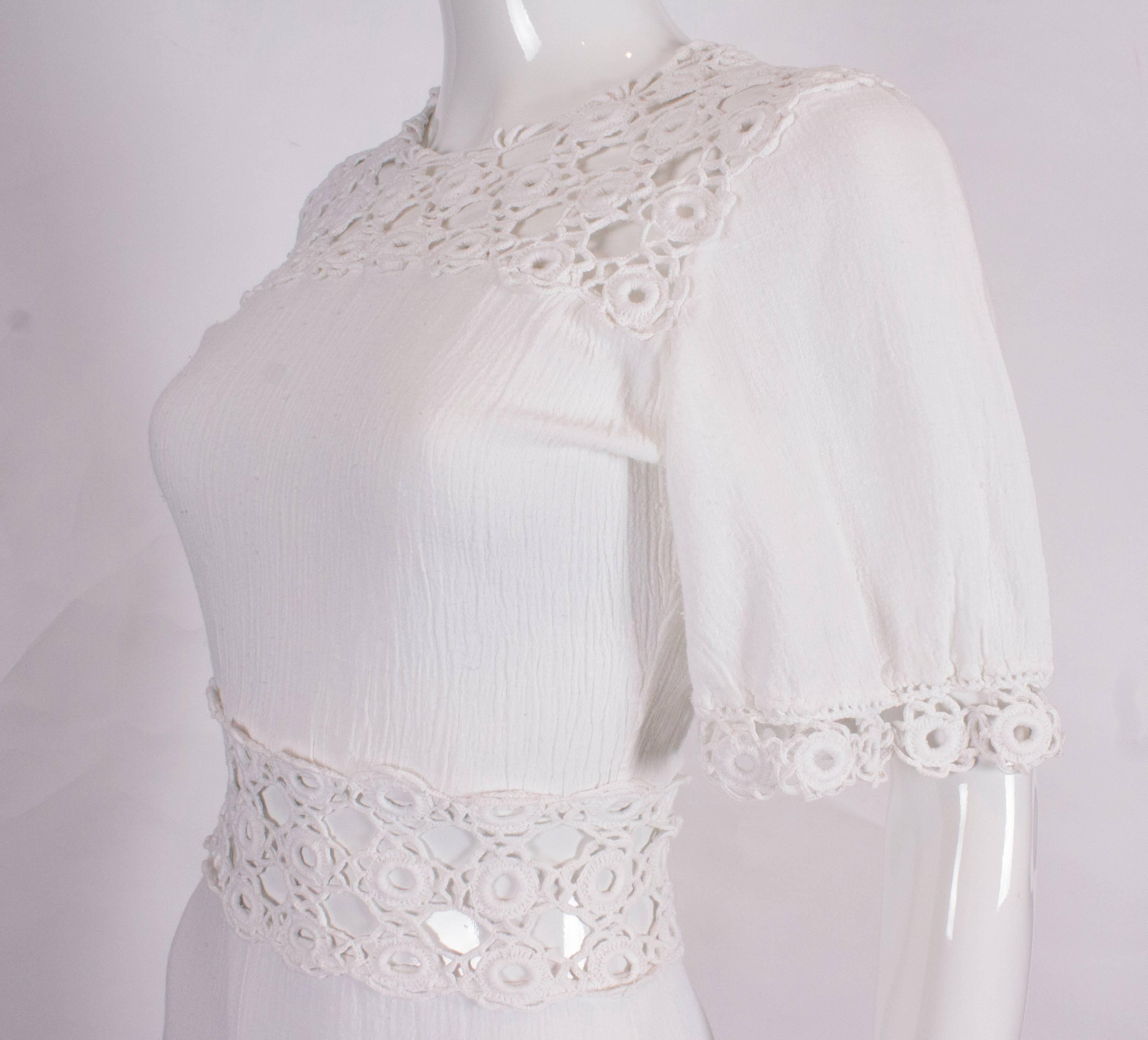 White Cheesecloth Gown with Crochet Detail In Excellent Condition In London, GB
