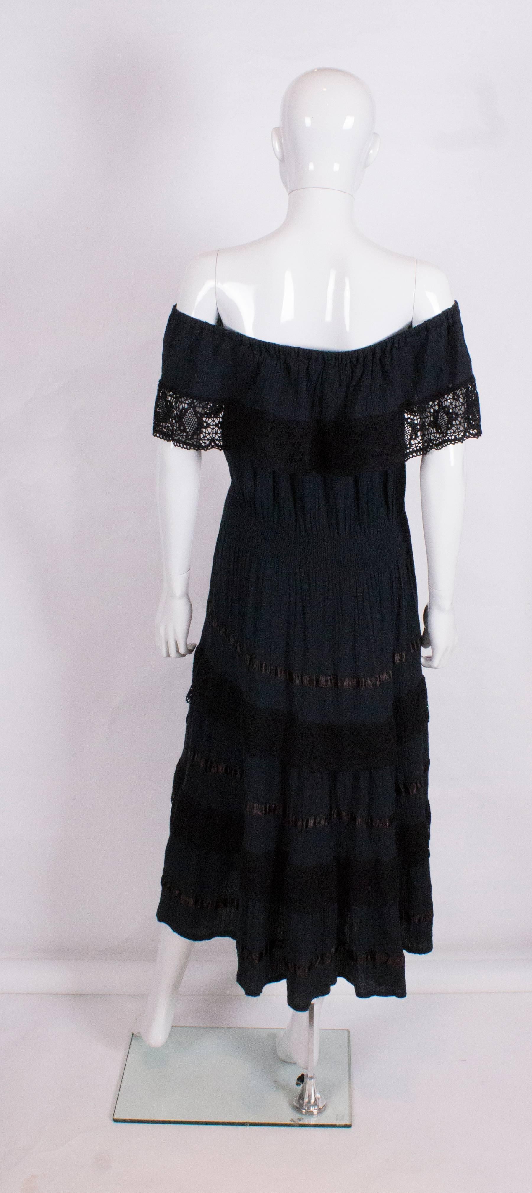 Women's Black On/Off Shoulder Dress with Crochet Border and Ribbon Detail