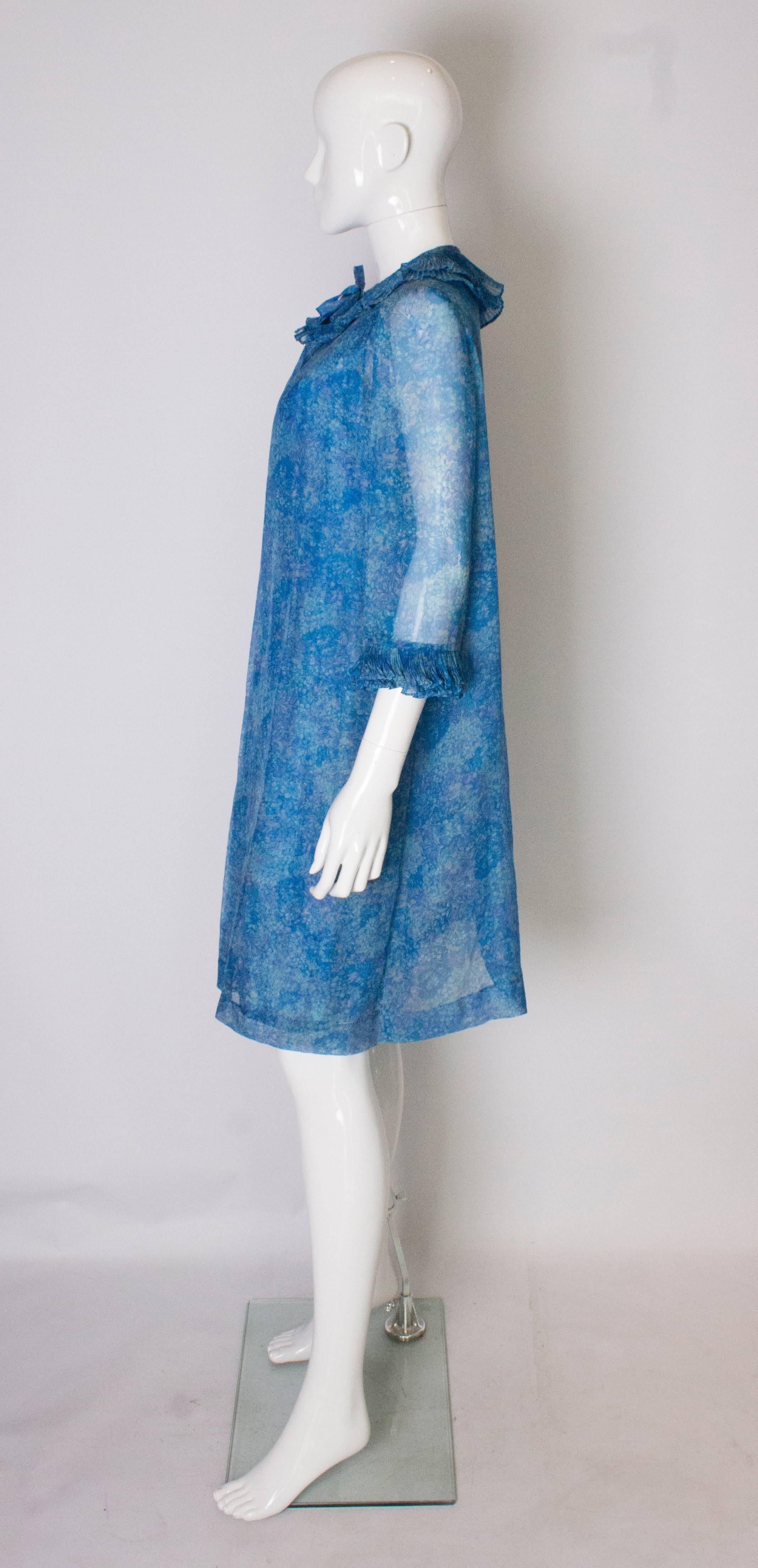 A Vintage 1960s blue printed Cocktail Dress and sheer matching Jacket In Good Condition In London, GB