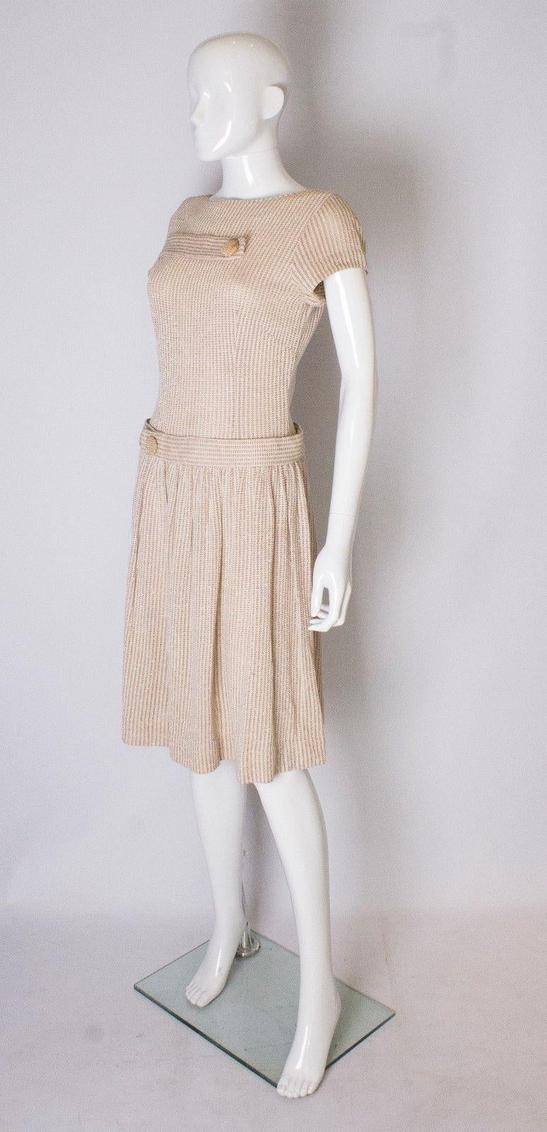 Beige A vintage 1950s cream knitted drop waist glitter thread dress size S Small 