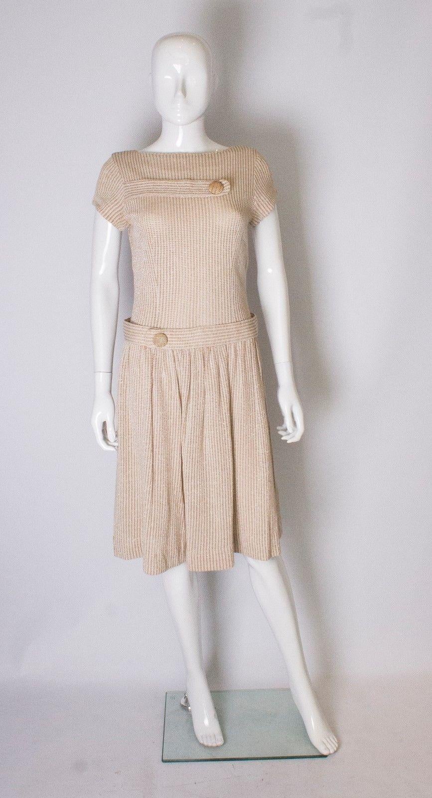 A vintage 1950s cream knitted drop waist glitter thread dress size S Small  In Good Condition In London, GB