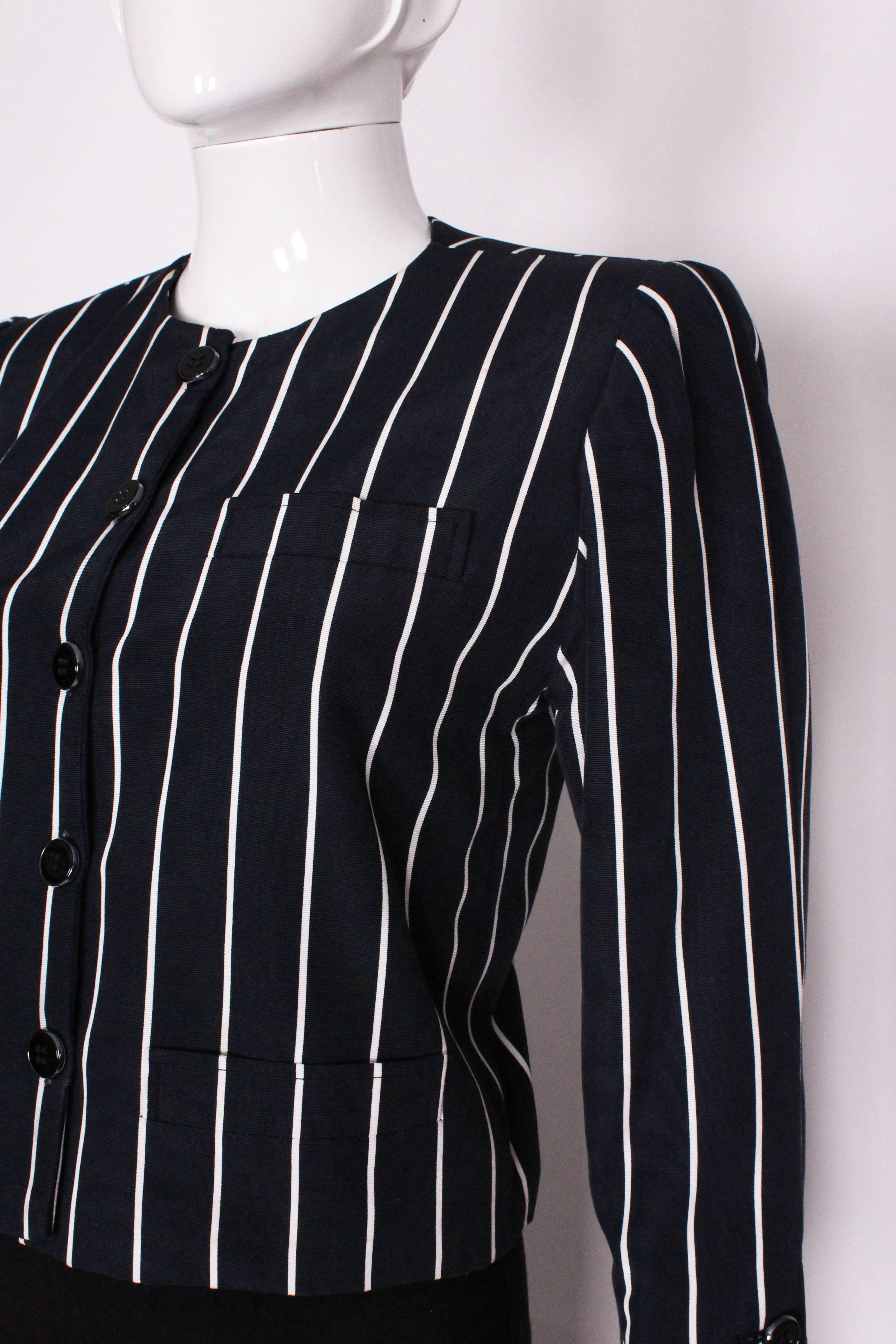 A vintage 1980s Yves Saint Laurent  Navy and White Striped Crop Jacket 1