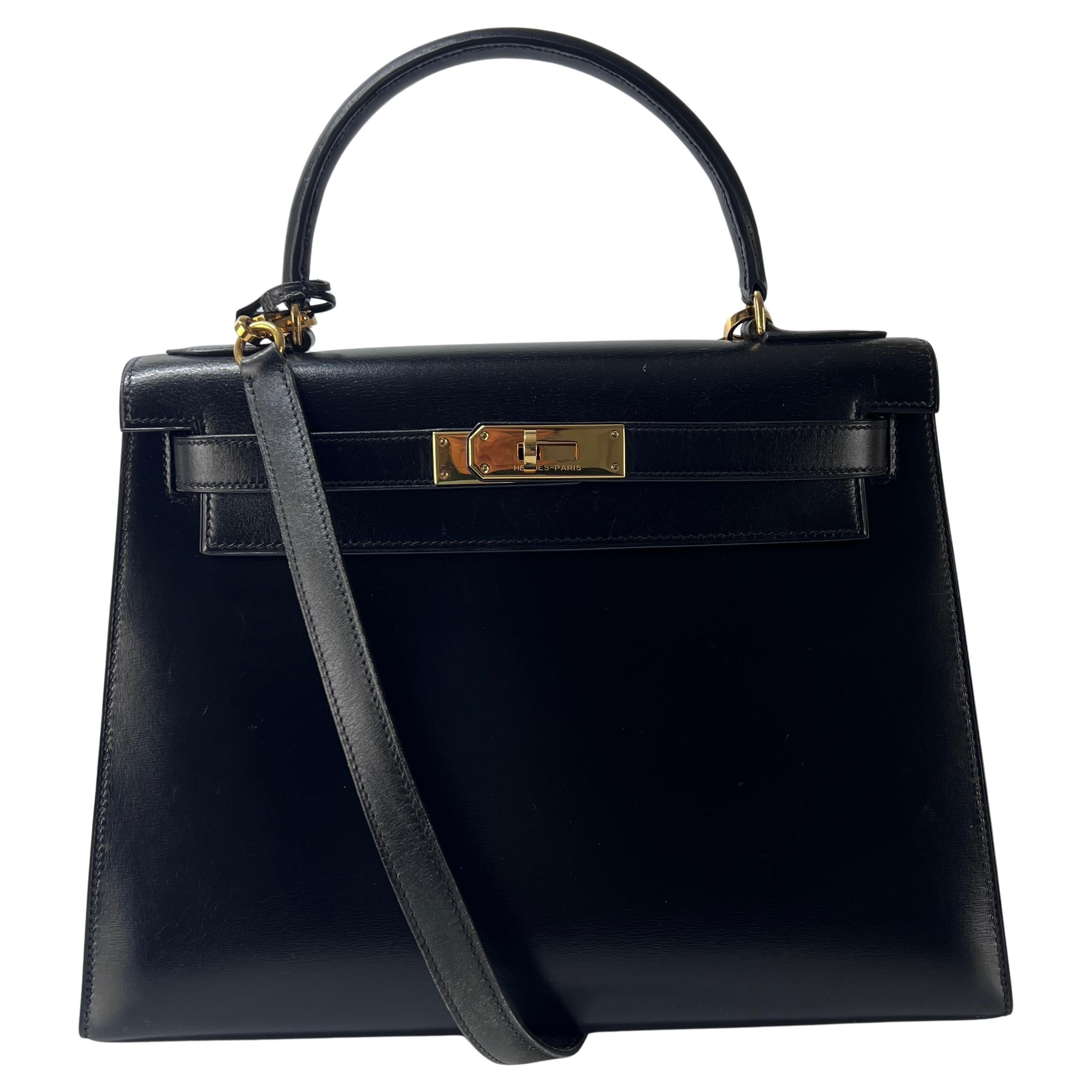 Hermès Kelly Box Kalbsleder Schwarz Gold Hardware 1983 im Angebot