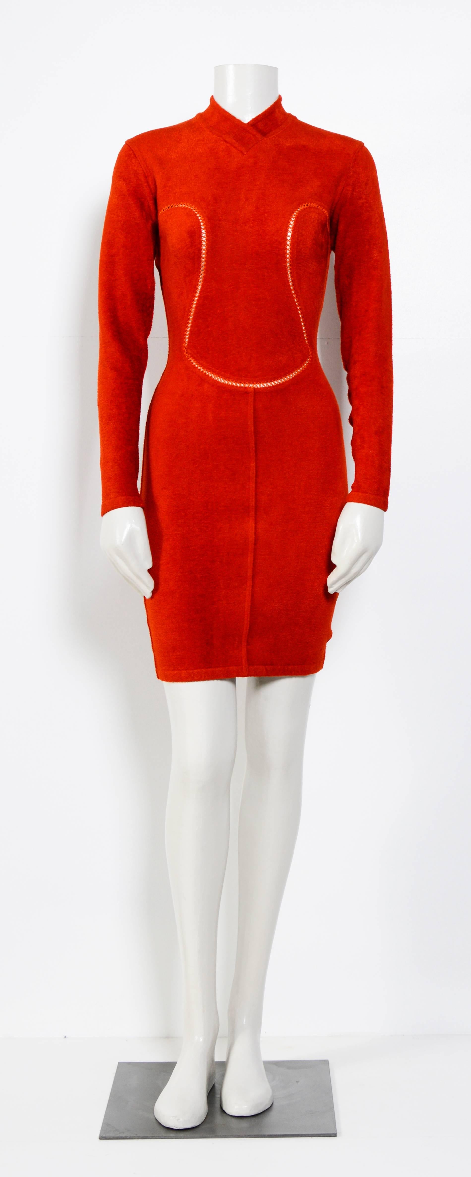 Iconic stunning 90's red sexy stretch dress by ALAIA. 
Size S 
Please go by measurements for the perfect fit. 
Sh to Sh 15inch/38cm(x2) - Ua to Ua 16Inch/41cm(x2) - Waist 11