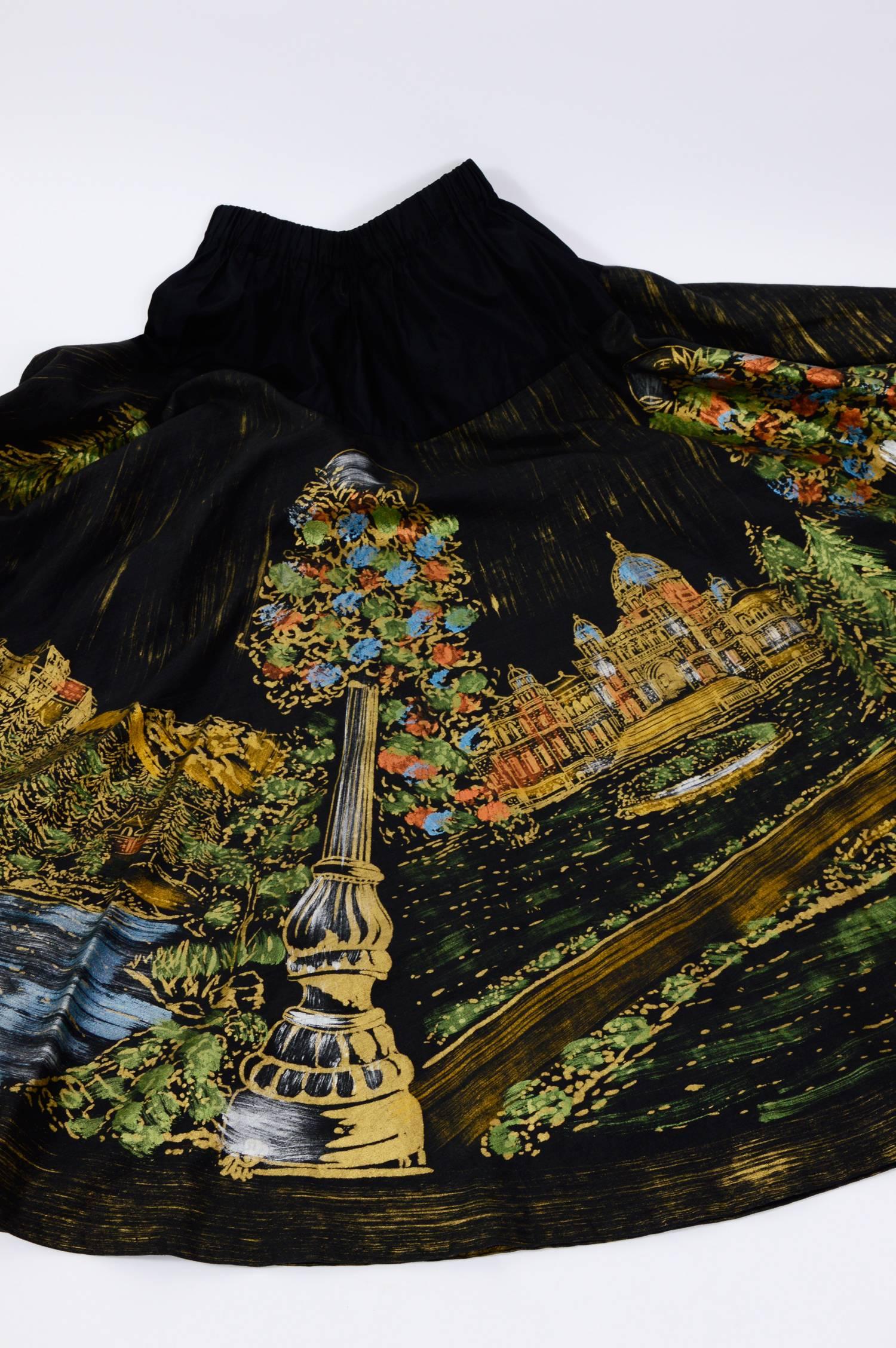 Black Vintage 1950s hand painted Mexican Victoria Vancouver scenery print circle skirt