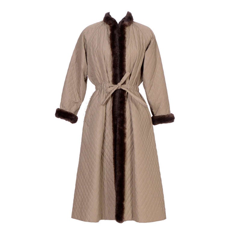 Vintage 70's Givenchy Khaki Matelassé and Faux Fur Coat at 1stdibs