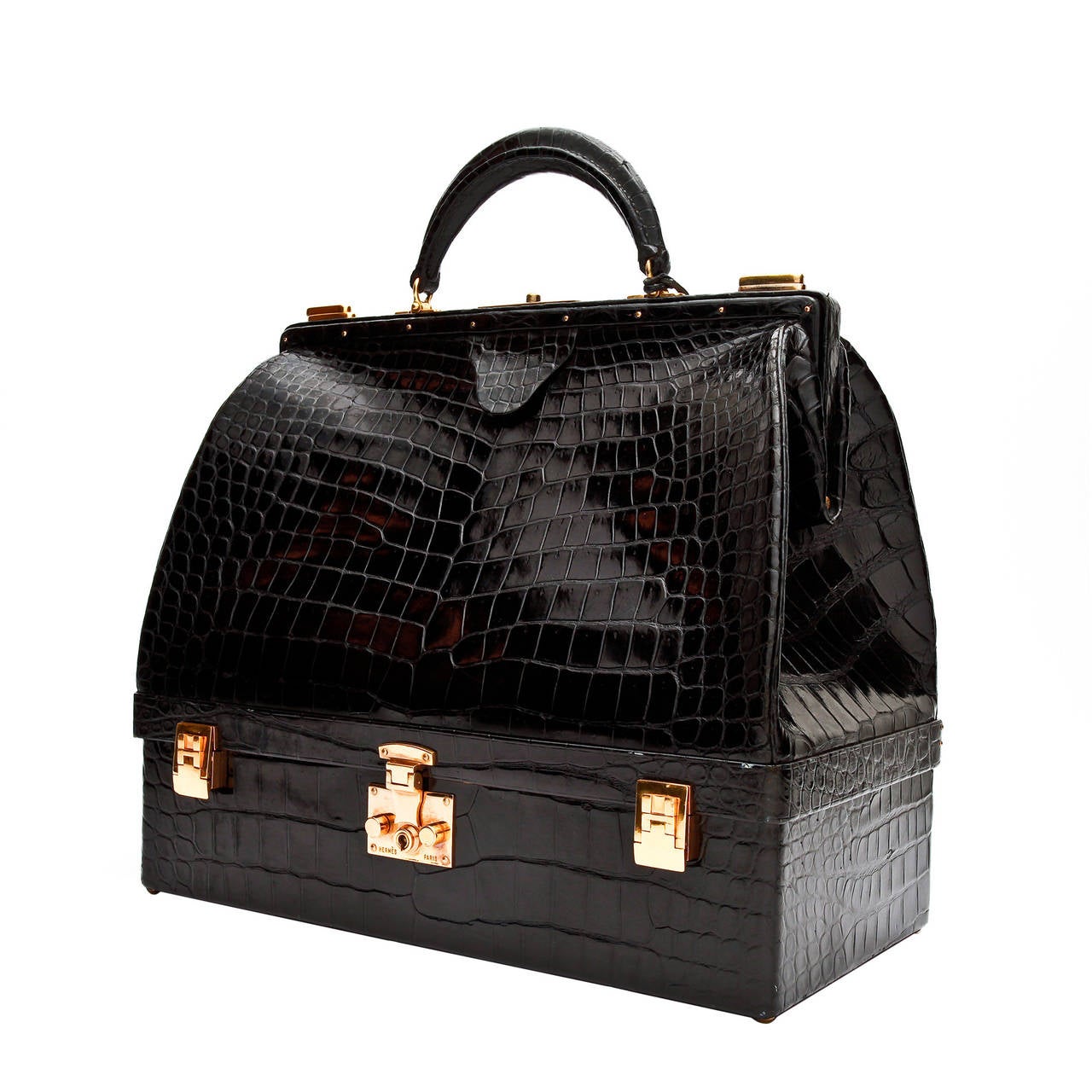 Hermès Black Crocodile Mallette Handbag with Jewel Compartment