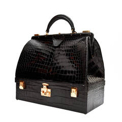 Retro Hermès Black Crocodile Mallette Handbag with Jewel Compartment