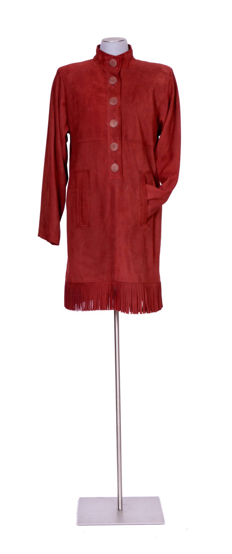 Amazing Yves Saint Laurent vintage 70's lamb suede dress, fringed hemline, slide pockets,dark red wine colour...... in excellent condition.
French size 40. 
Measurements taken flat in inches : Sh to Sh 17