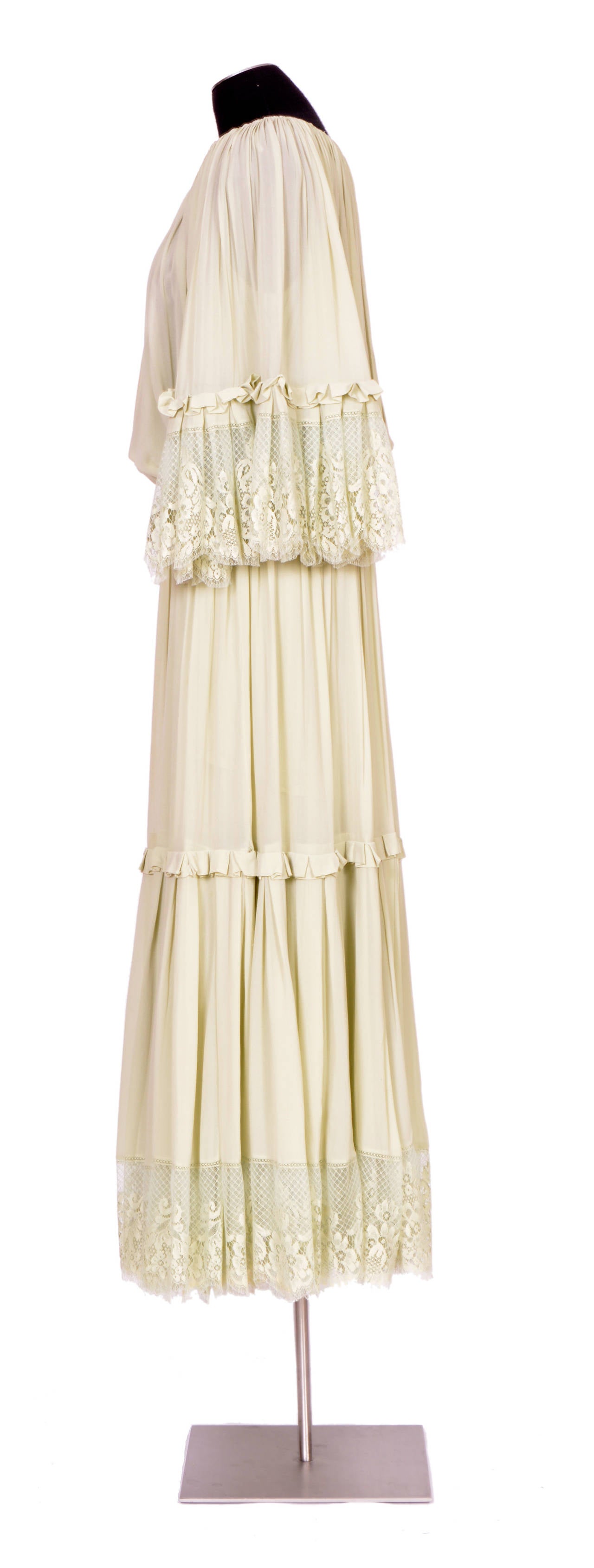 70's LANVIN COUTURE silk chiffon & chantilly lace boho set In Excellent Condition In Antwerp, BE