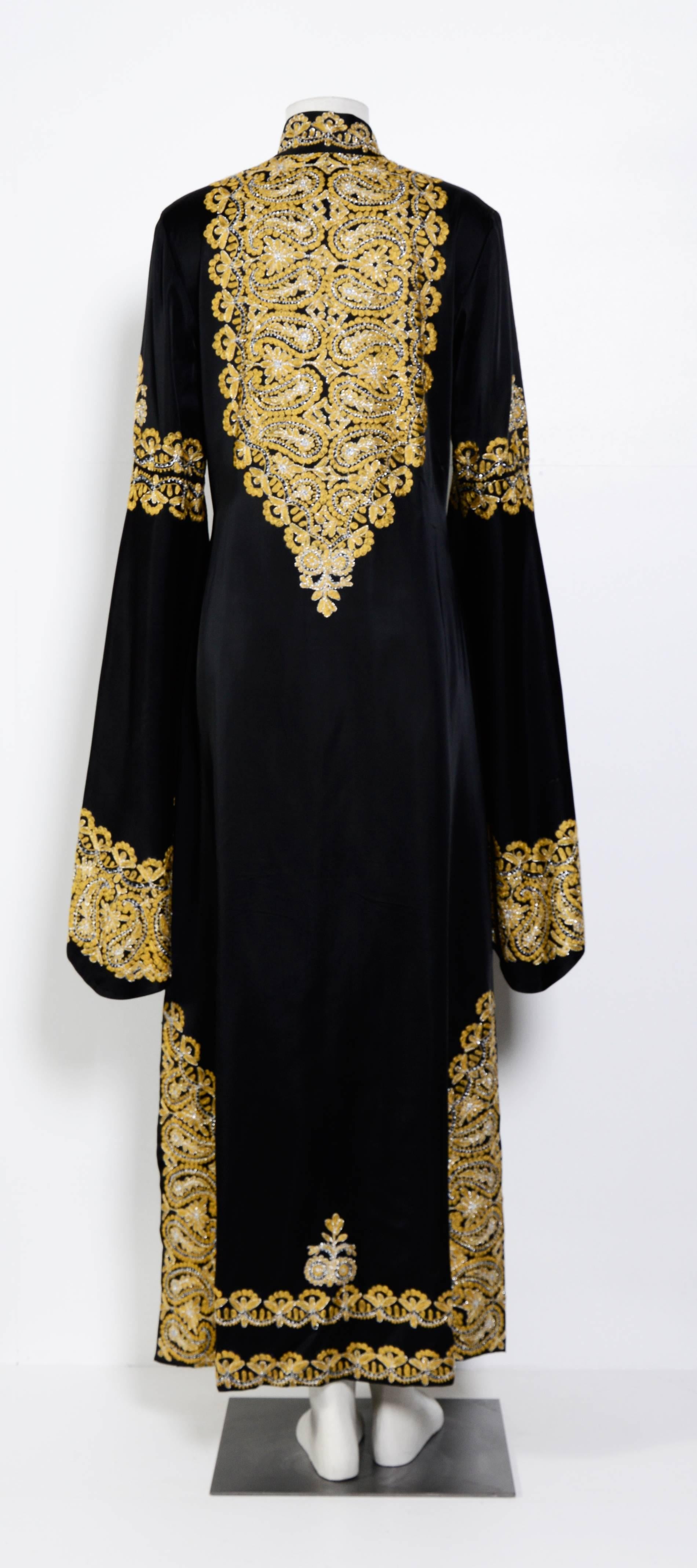 Women's Vintage 60's Moroccan Gold Embroidered Black Silk Caftan