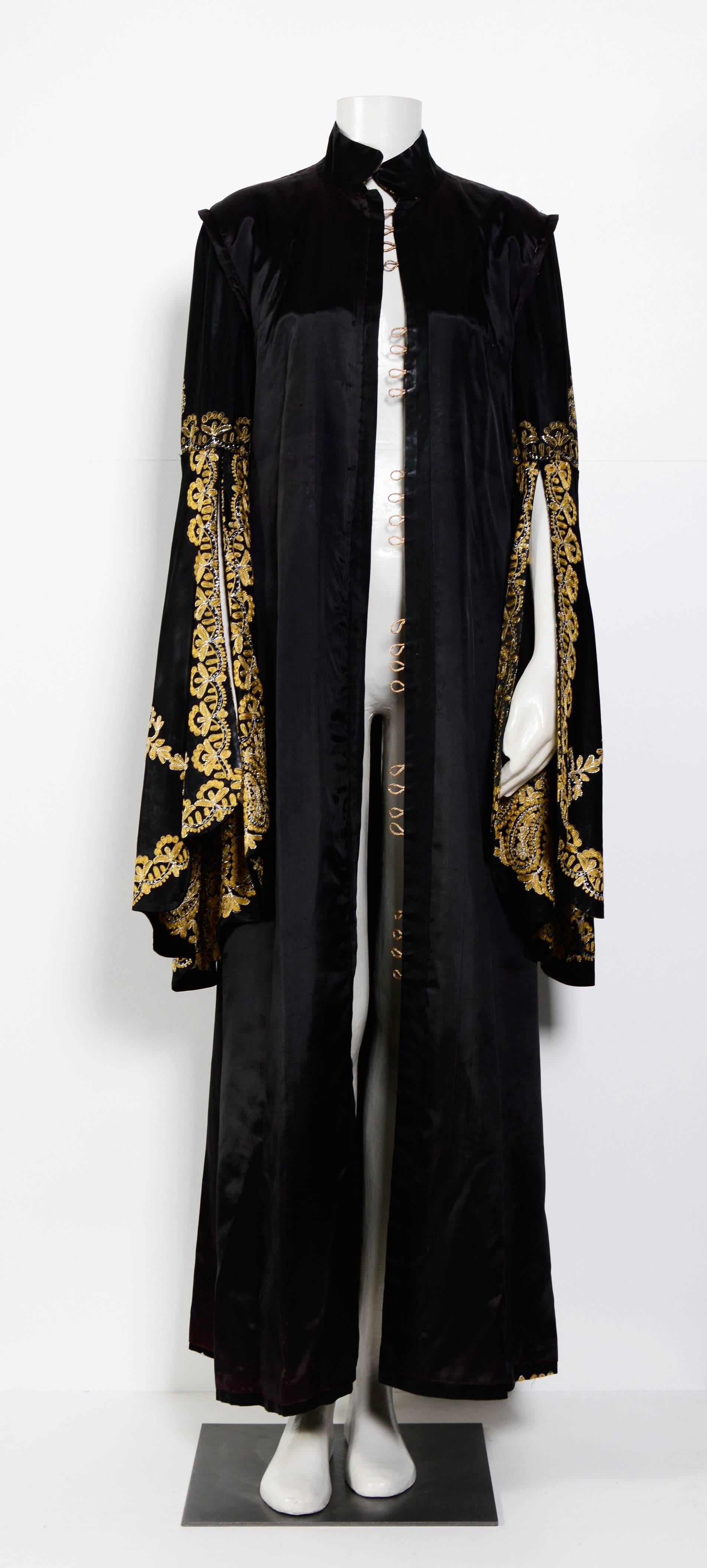 Vintage 60's Moroccan Gold Embroidered Black Silk Caftan 2