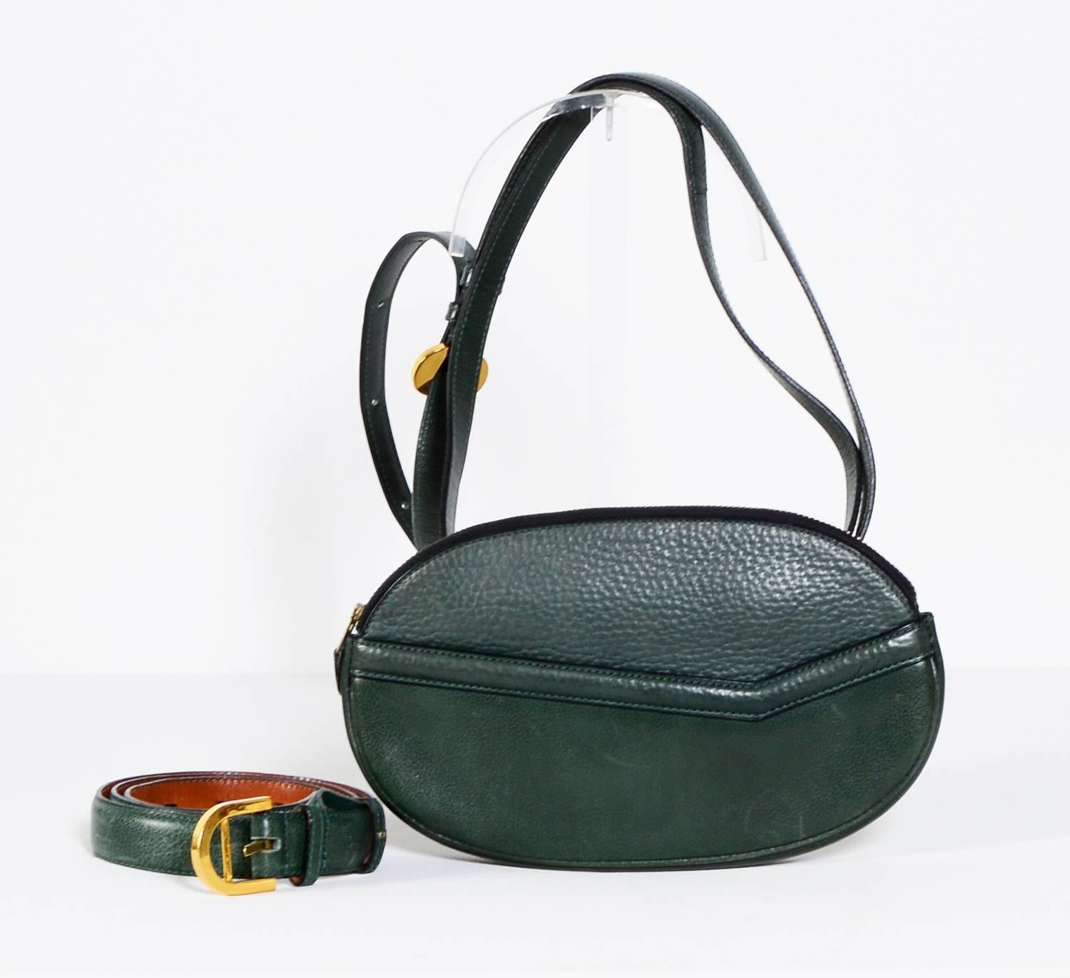 Delvaux green hip bag with matching belt. 
Premium Belgium luxury leather goods brand Delvaux excels in both style and quality. Excellent vintage condition, hardly used.