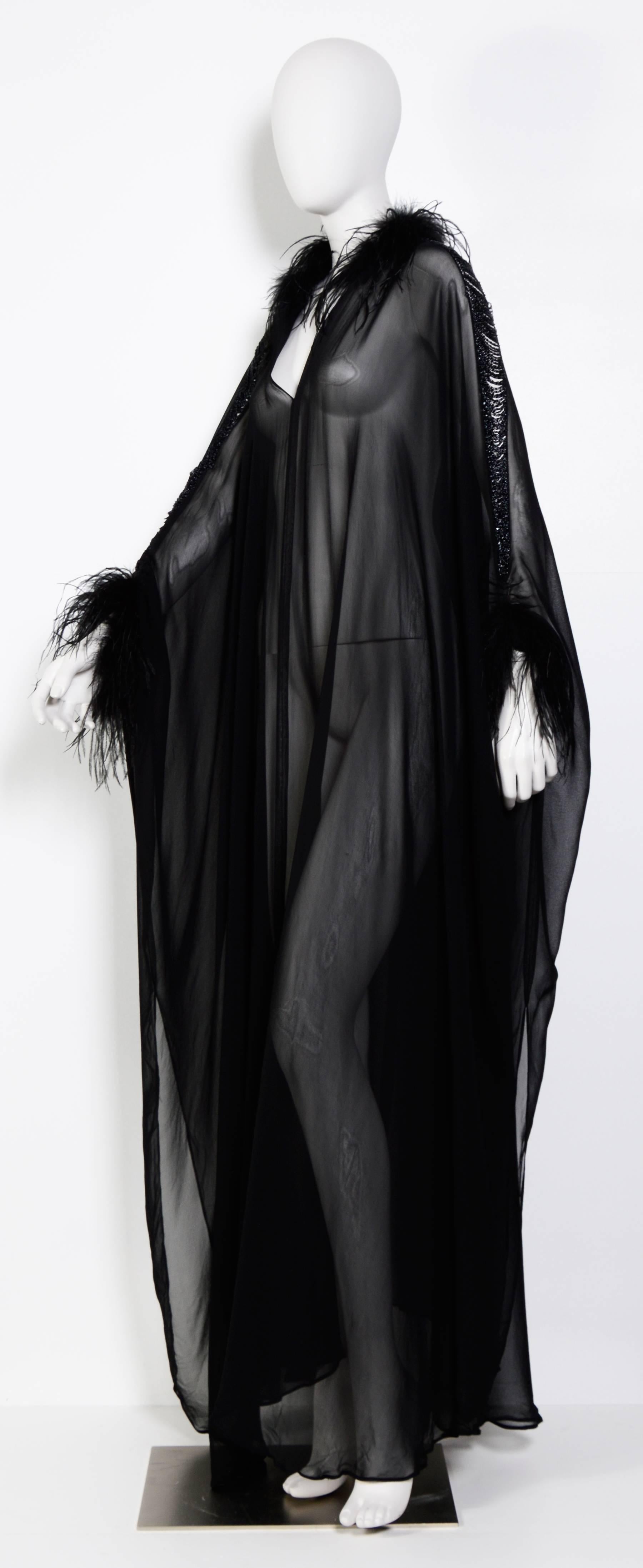 Women's Vintage LORIS AZZARO Couture 70's Black Silk, Feather & Chain Caftan Dress