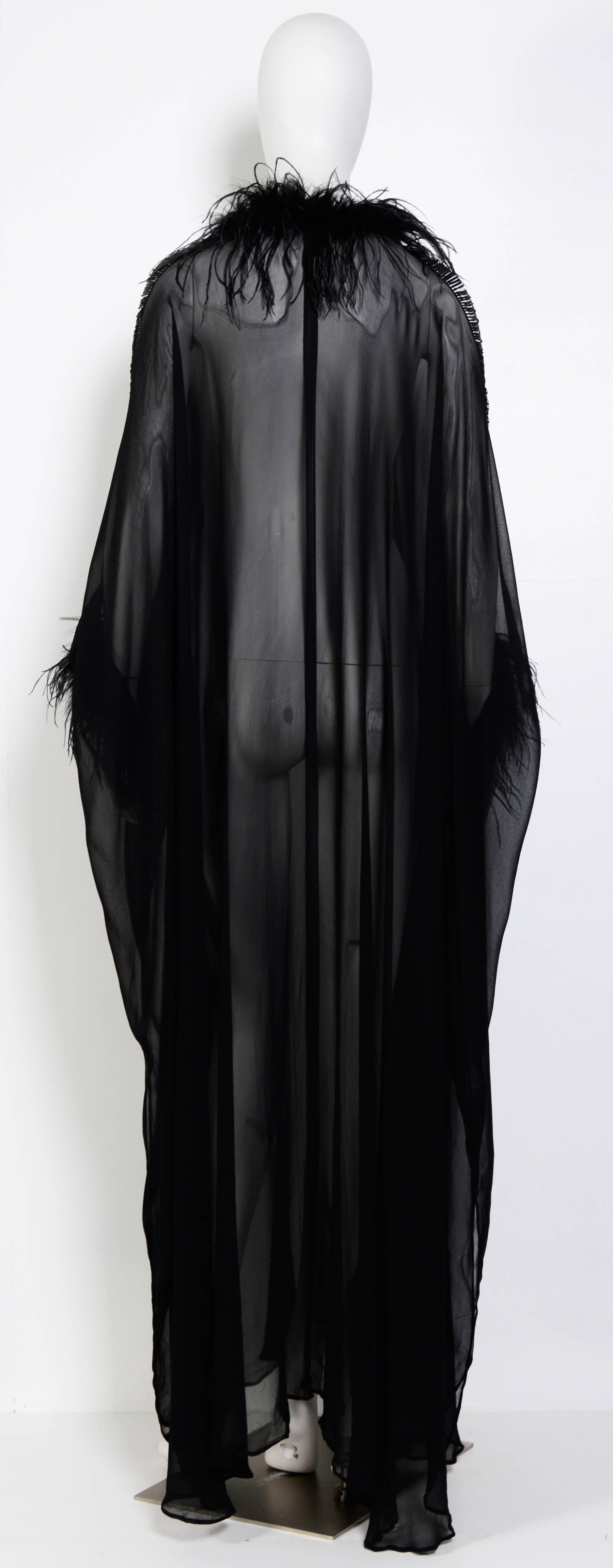 Vintage LORIS AZZARO Couture 70's Black Silk, Feather & Chain Caftan Dress In Excellent Condition In Antwerp, BE
