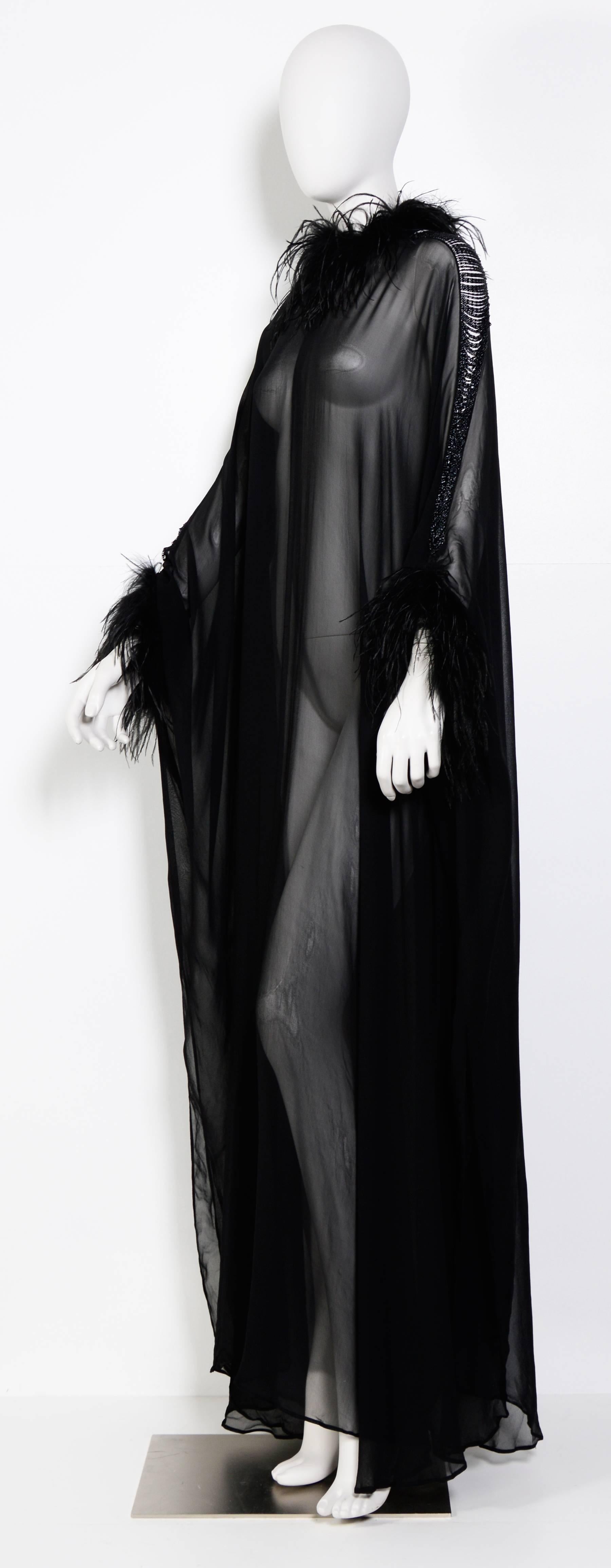 Vintage LORIS AZZARO Couture 70's Black Silk, Feather & Chain Caftan Dress 1