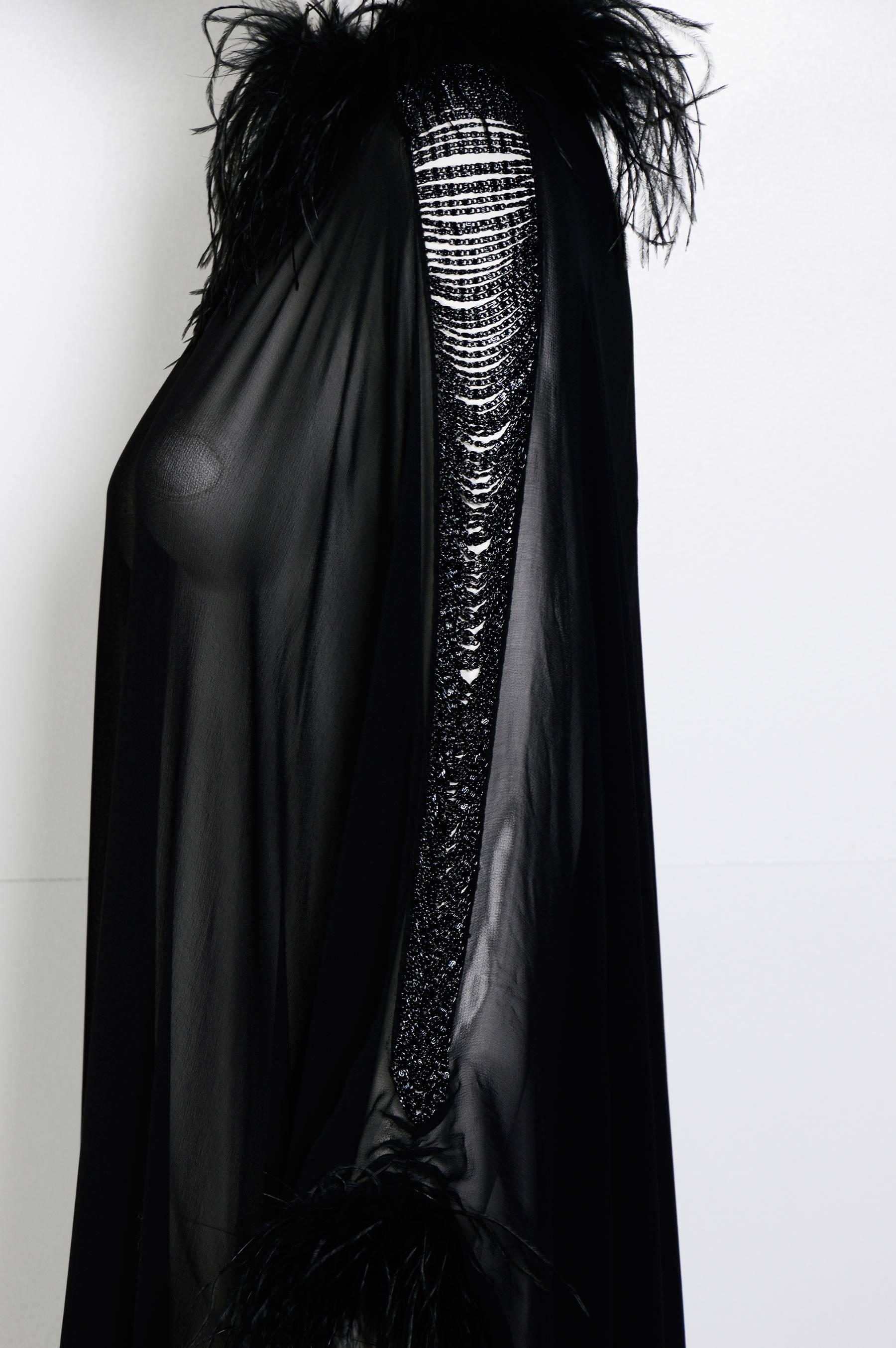 Vintage LORIS AZZARO Couture 70's Black Silk, Feather & Chain Caftan Dress 2