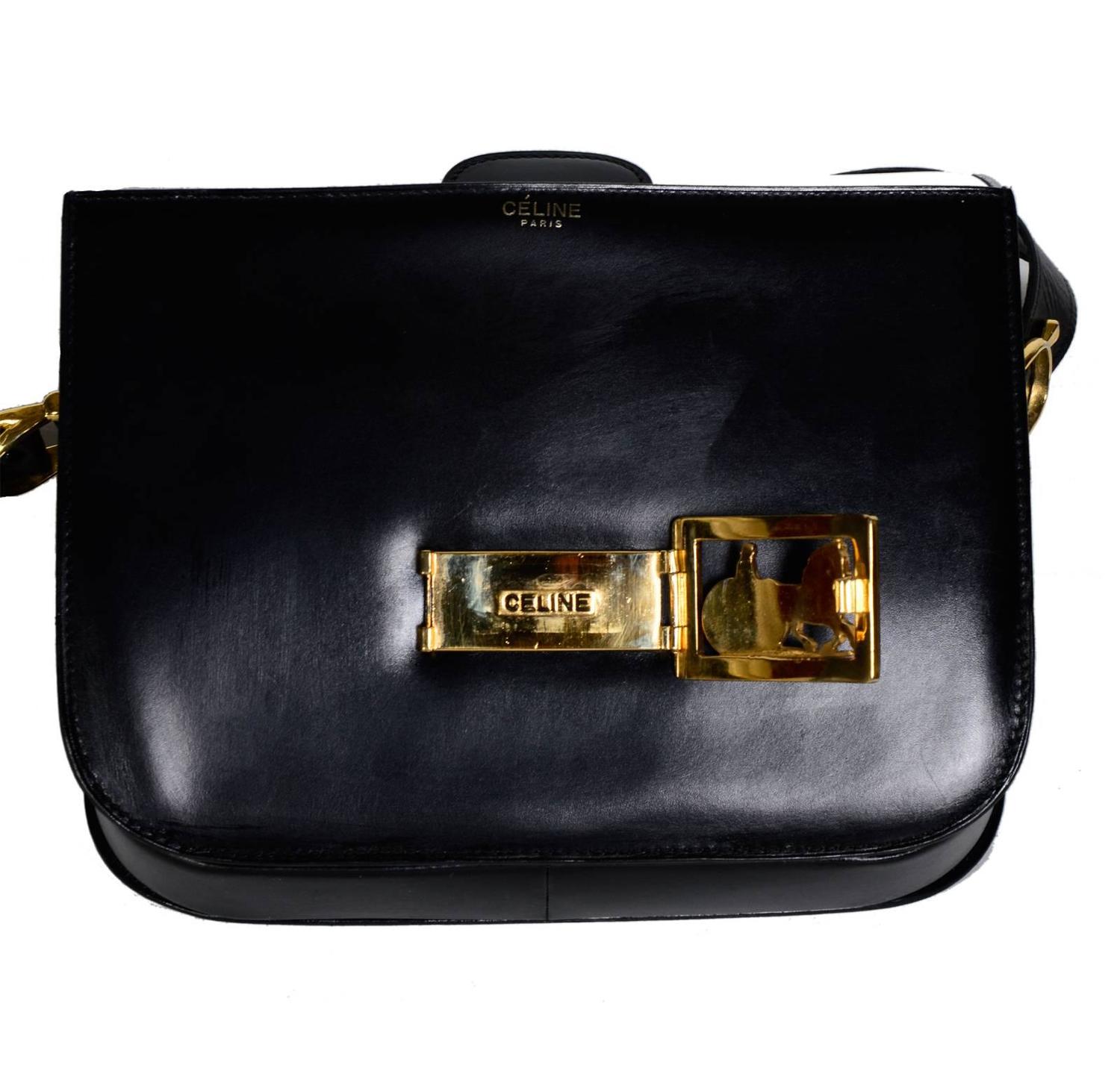 CELINE Vintage Horse Carriage Buckle Black Box Leather Shoulder Bag at