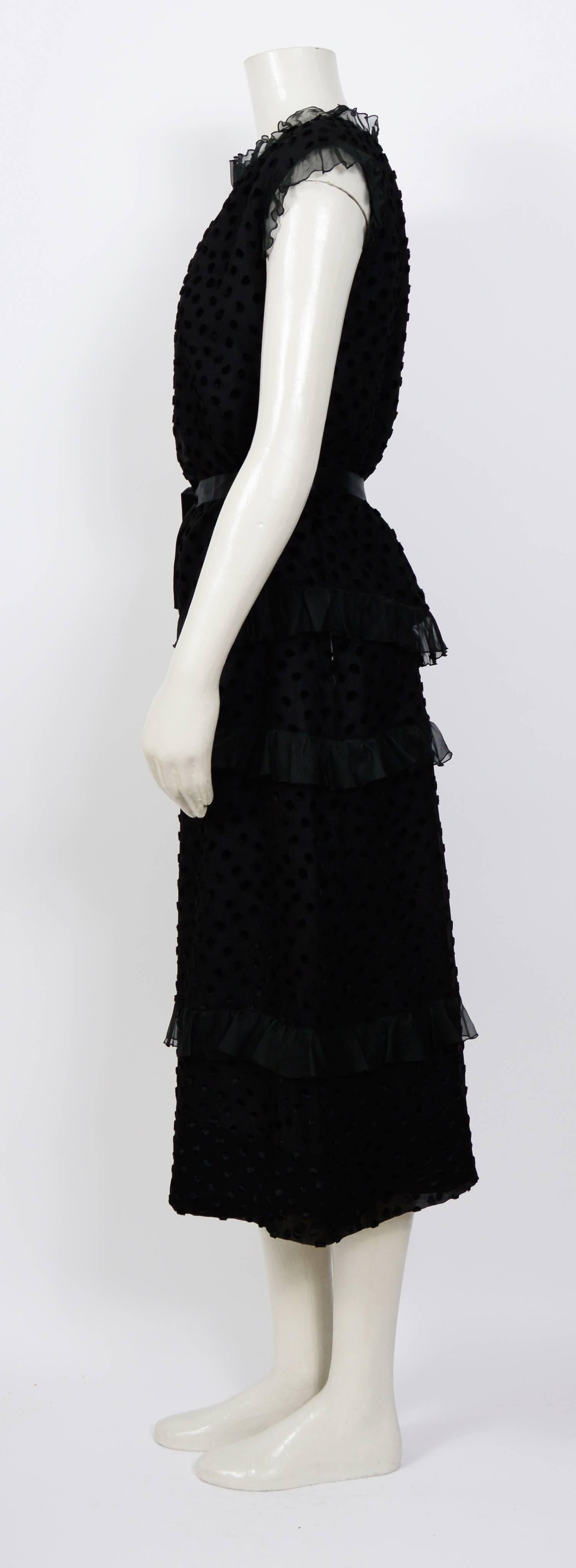 Black Vintage 1970s Courreges black silk ruffle and velvet dots set  For Sale
