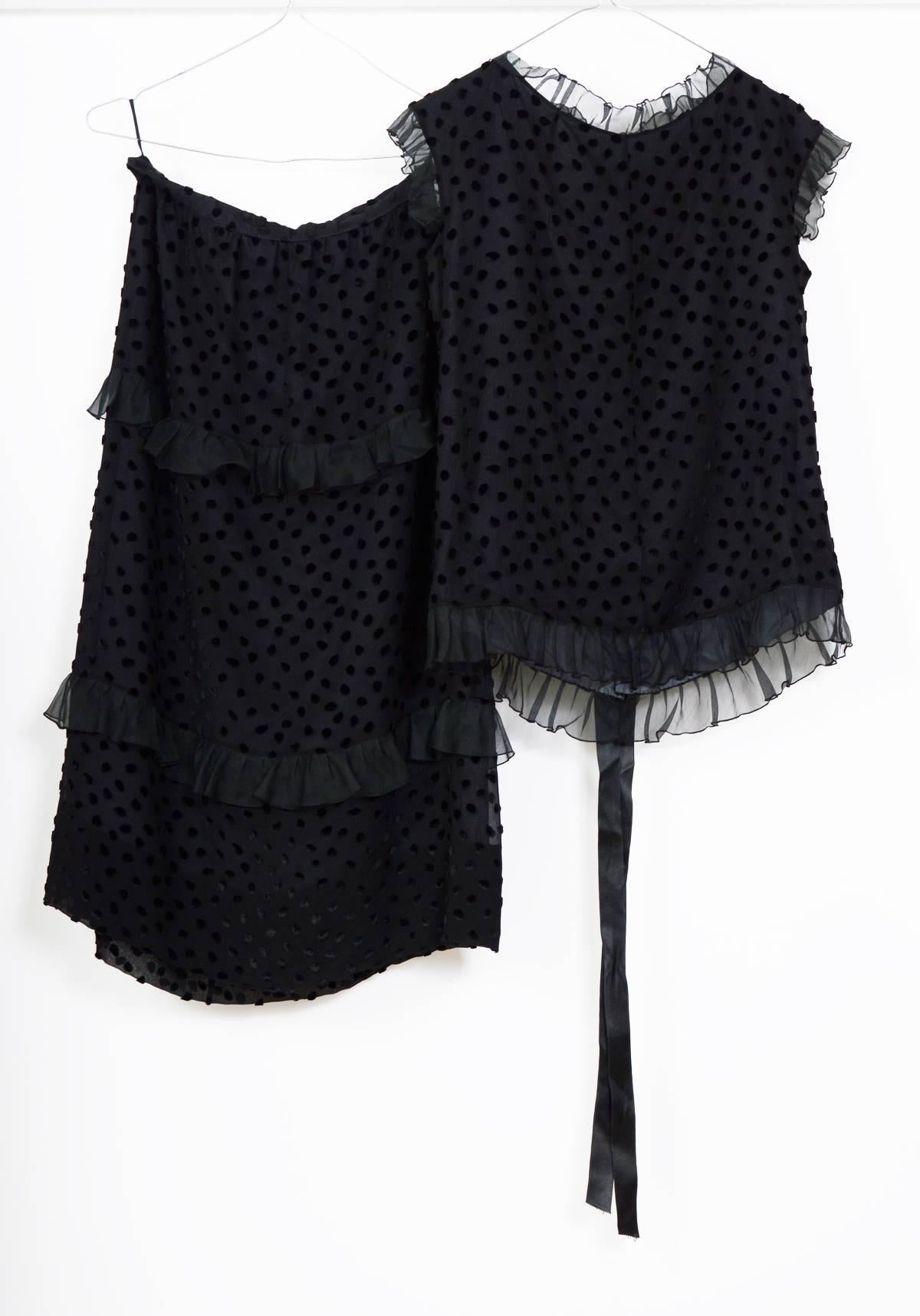 Women's Vintage 1970s Courreges black silk ruffle and velvet dots set  For Sale
