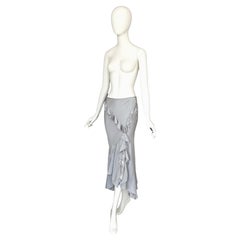 Vintage Christian Dior by John Galliano Bias Cut Ruffled Silver Silk Low Waist Skirt