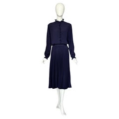 Salvatore Ferragamo Vintage 1970s Blue Silk Set Pleated Skirt & Ruffled Blouse