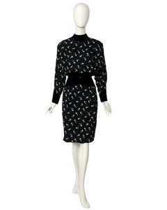 Lanvin Paris Vintage Circa 1980s Black & White Flower Print Dress