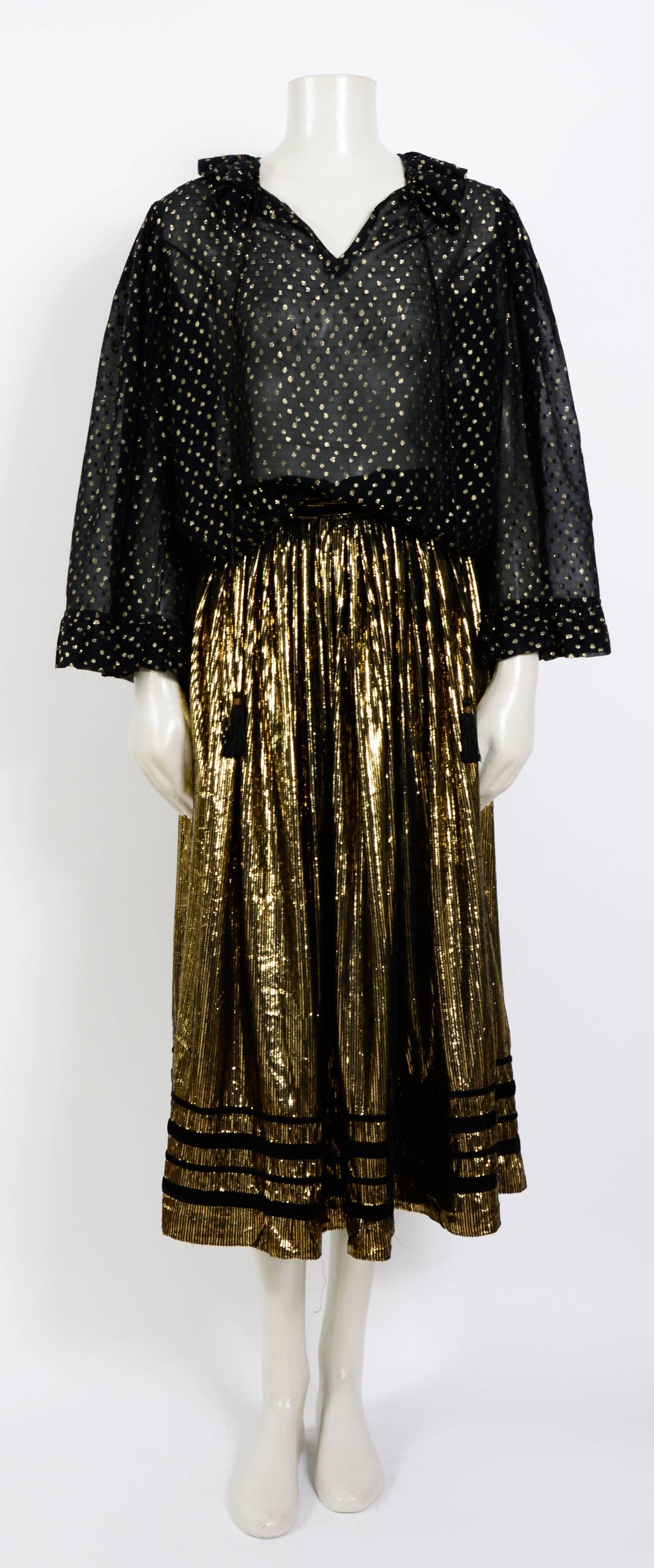 Yves Saint Laurent 1970's Black Cotton / Gold Lame Boho Skirt 1
