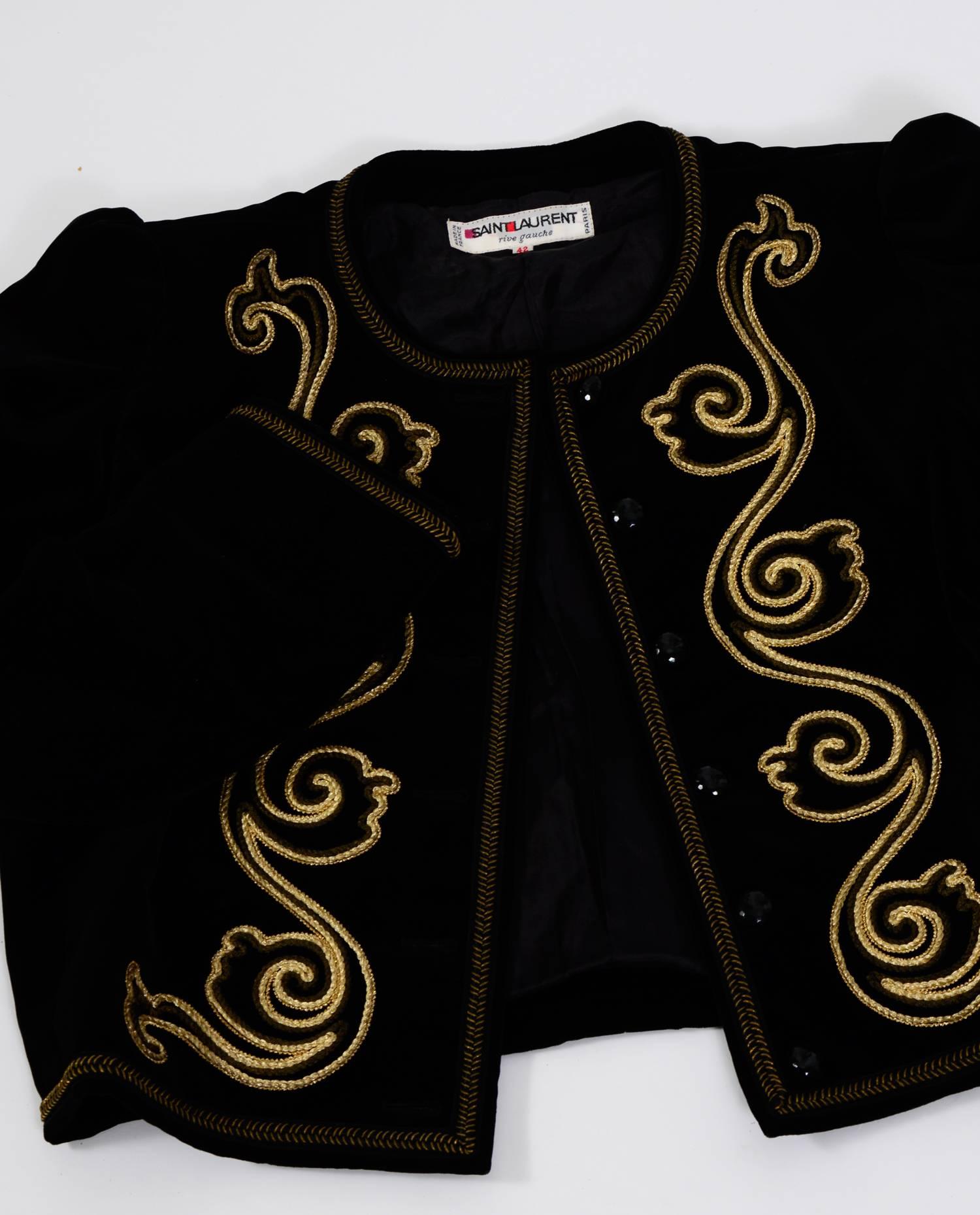 Women's Yves Saint Laurent 1970s Black Velvet with Gold Soutache Braid Jacket