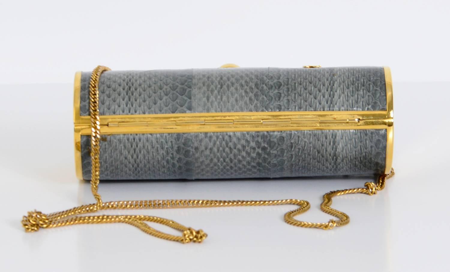 Gray Nina Ricci vintage 1970s gold & grey snake skin clutch minaudiere 