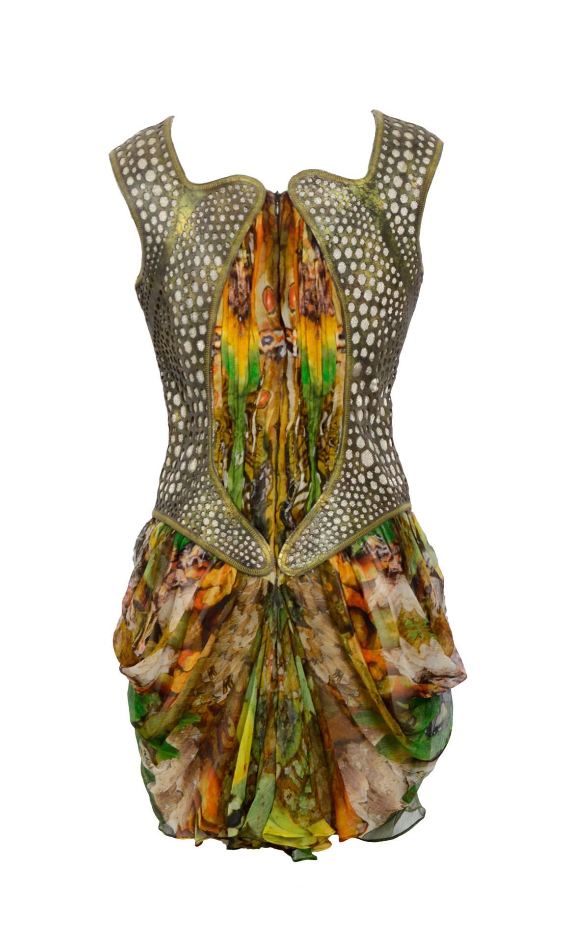Alexander McQueen Plato's Atlantis Silk Dress with Leather Harness In Excellent Condition In Antwerp, BE